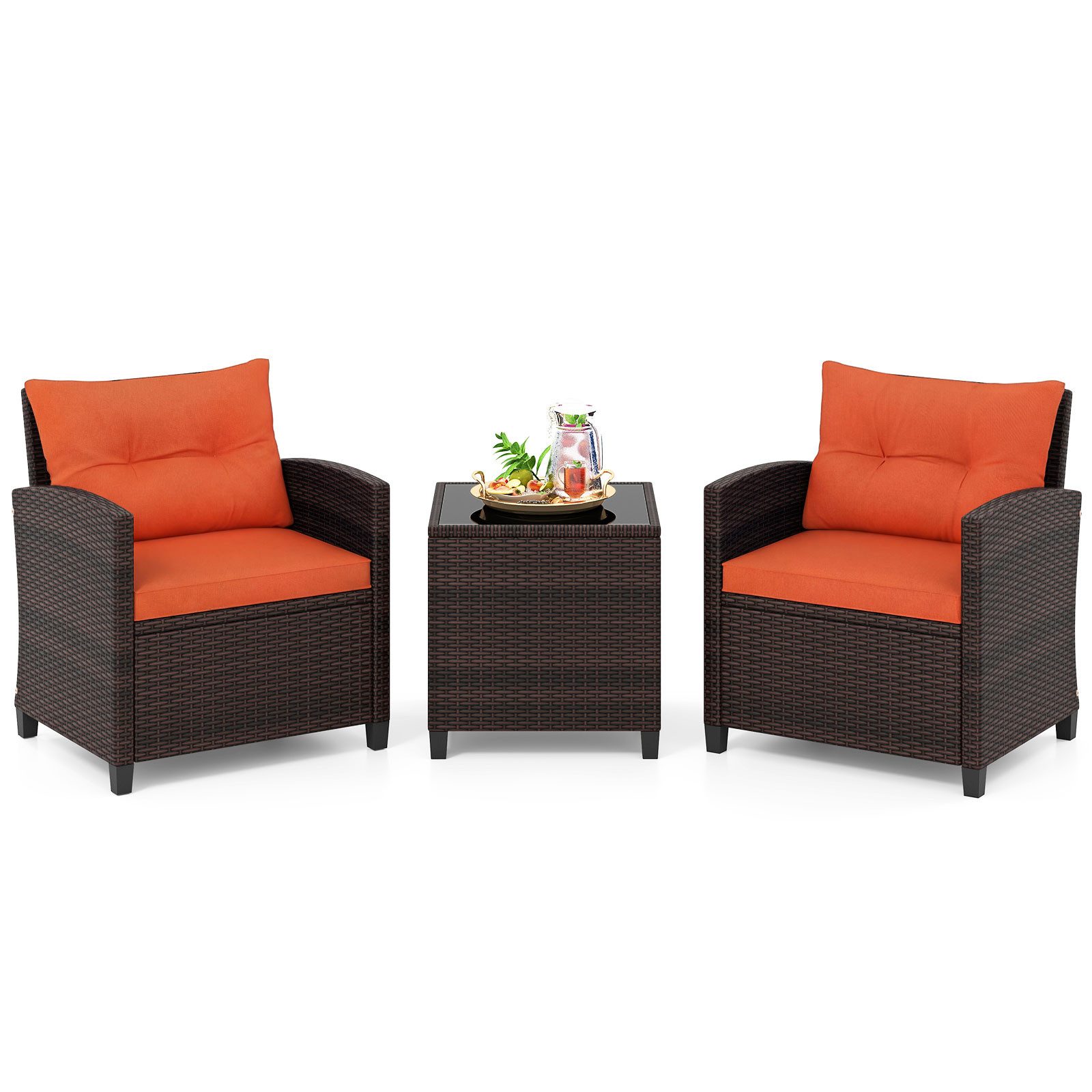 COSTWAY Gartenlounge-Set, (3-tlg., 2 Sessel & 1 Tisch), Rattan mit Kissen, Balkonset