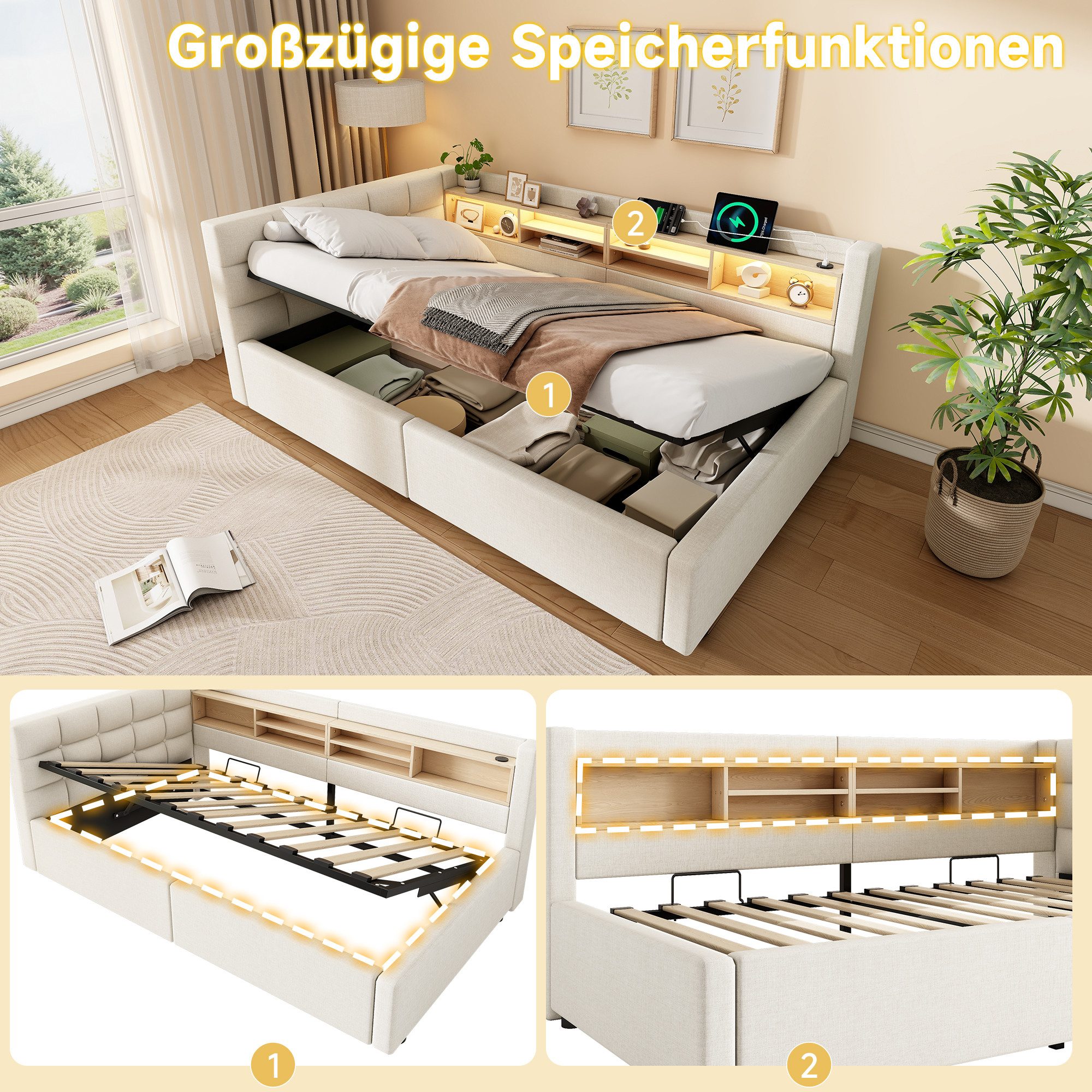 Merax Daybett mit LED-Beleuchtung & USB-Anschluss, Polsterbett mit Leinenbezug (Schlafsofa Jugendbett, 1 tlg), Tagesbett 90x200cm mit hydraulischem Stauraum & S – Bild 5 von 5