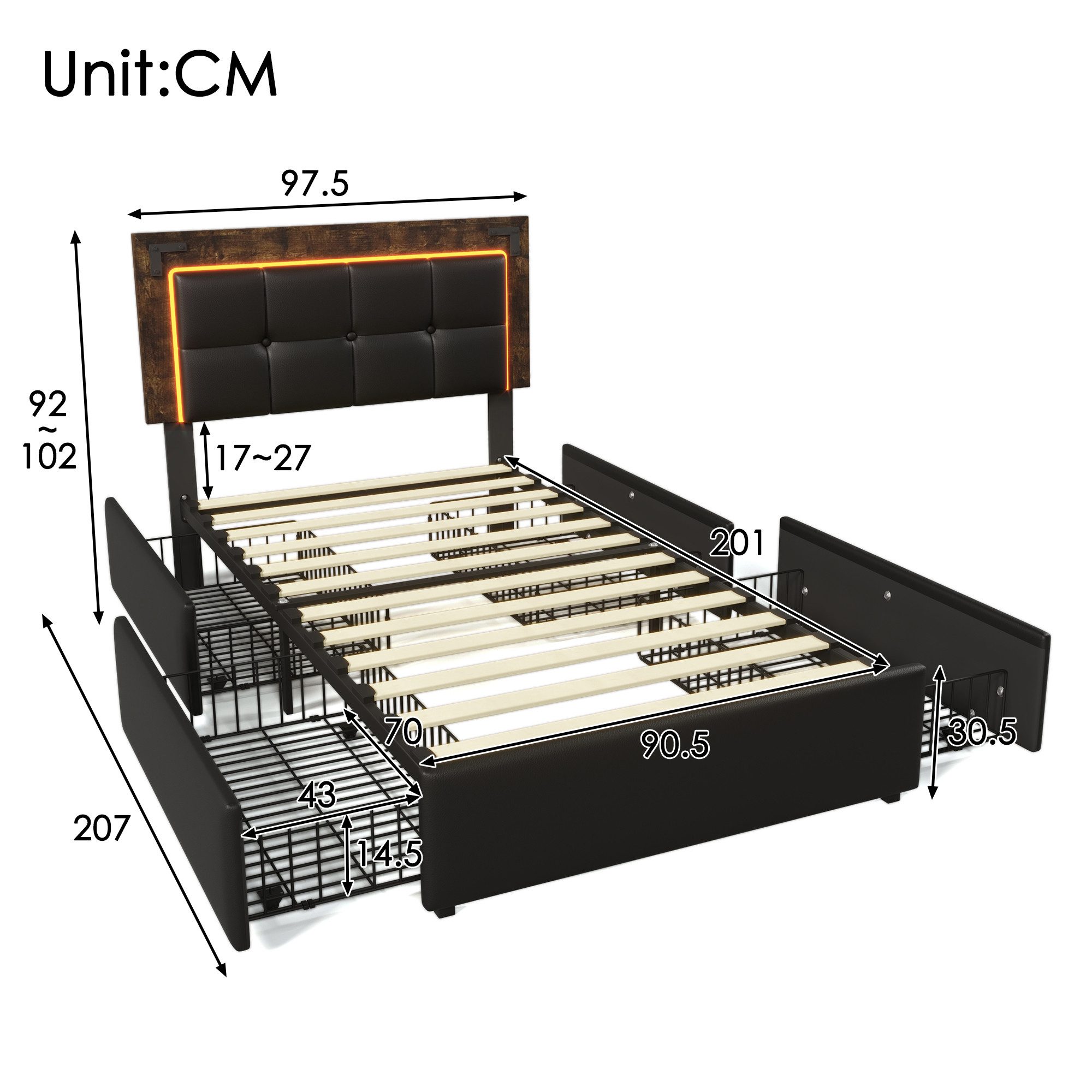 Luckice Upholstered Bed Frame with LED Lighting Strip and 4 Drawers (Single Bed Upholstered Bed 90x200cm, Height-Adjustable Headboard, Functional Bed), PU Black