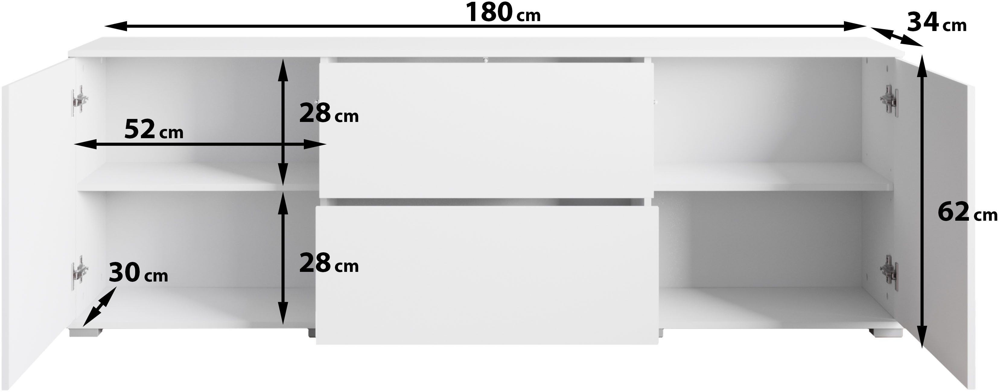 OTTO home Lowboard Kenia (1 St), 2 Türen, 2 Schubladen, Breite 180 cm, höhenverstellbare Einlegeböden