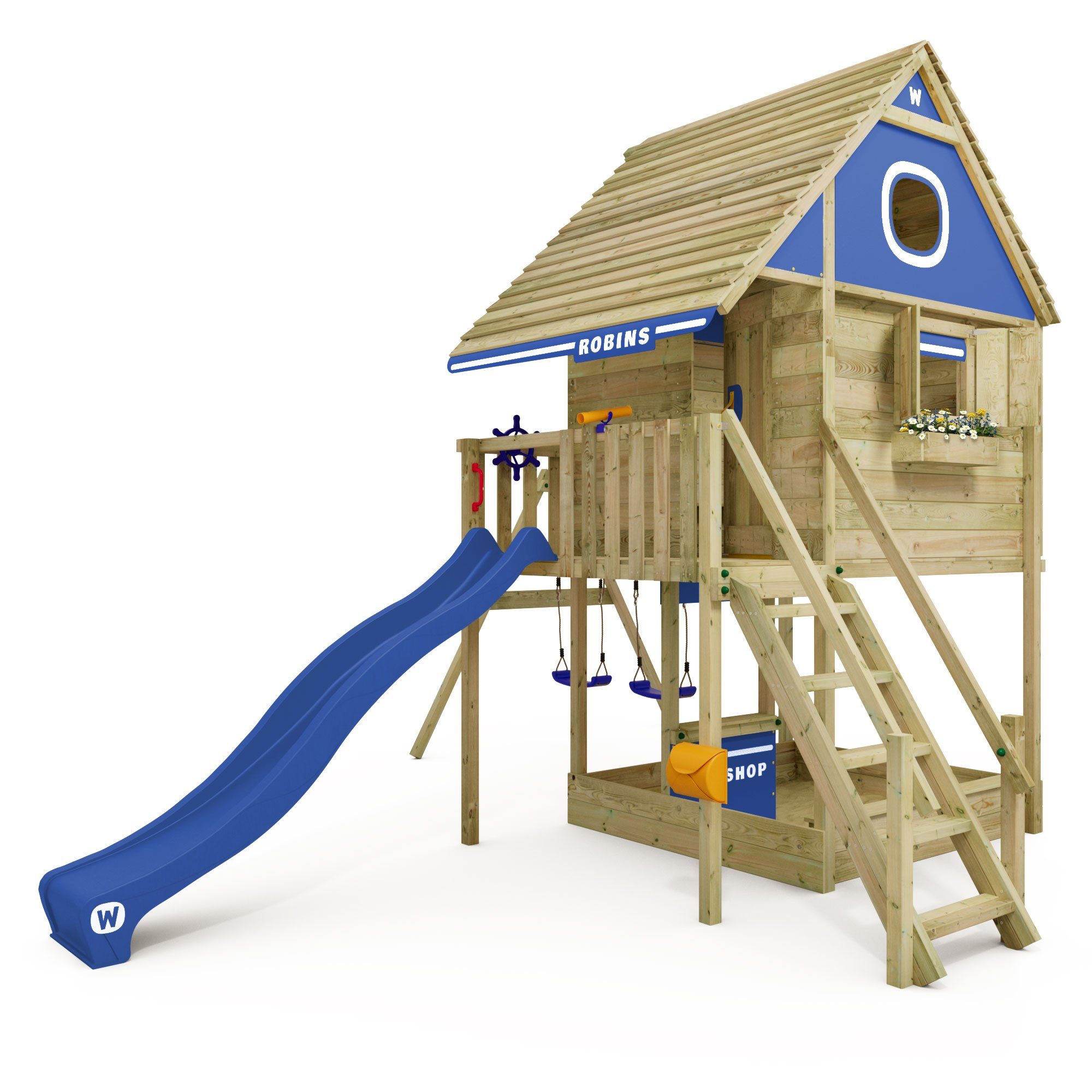 Wickey Klettergerüst Stelzenhaus Smart RiverHouse mit Schaukel & Rutsche, 10-Jahre Garantie*, Großes Spielhaus, Massive Treppe mit Handlauf blau