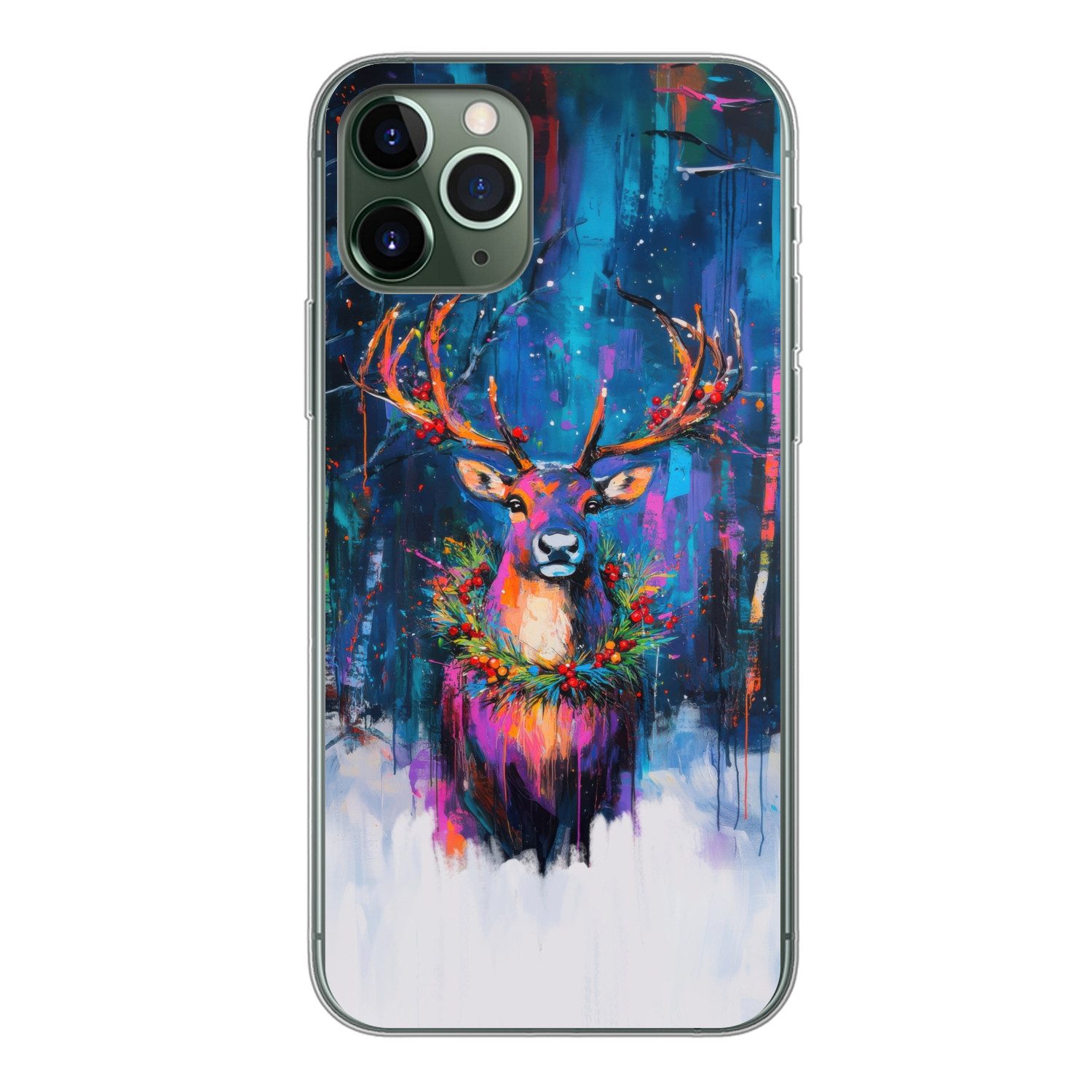 MuchoWow Handyhülle für Apple iPhone 11 Pro Rentier - Kranz - Märchenhaft - Blau, Smartphone-Bumper, Print, Handy Schutzhülle Dünn