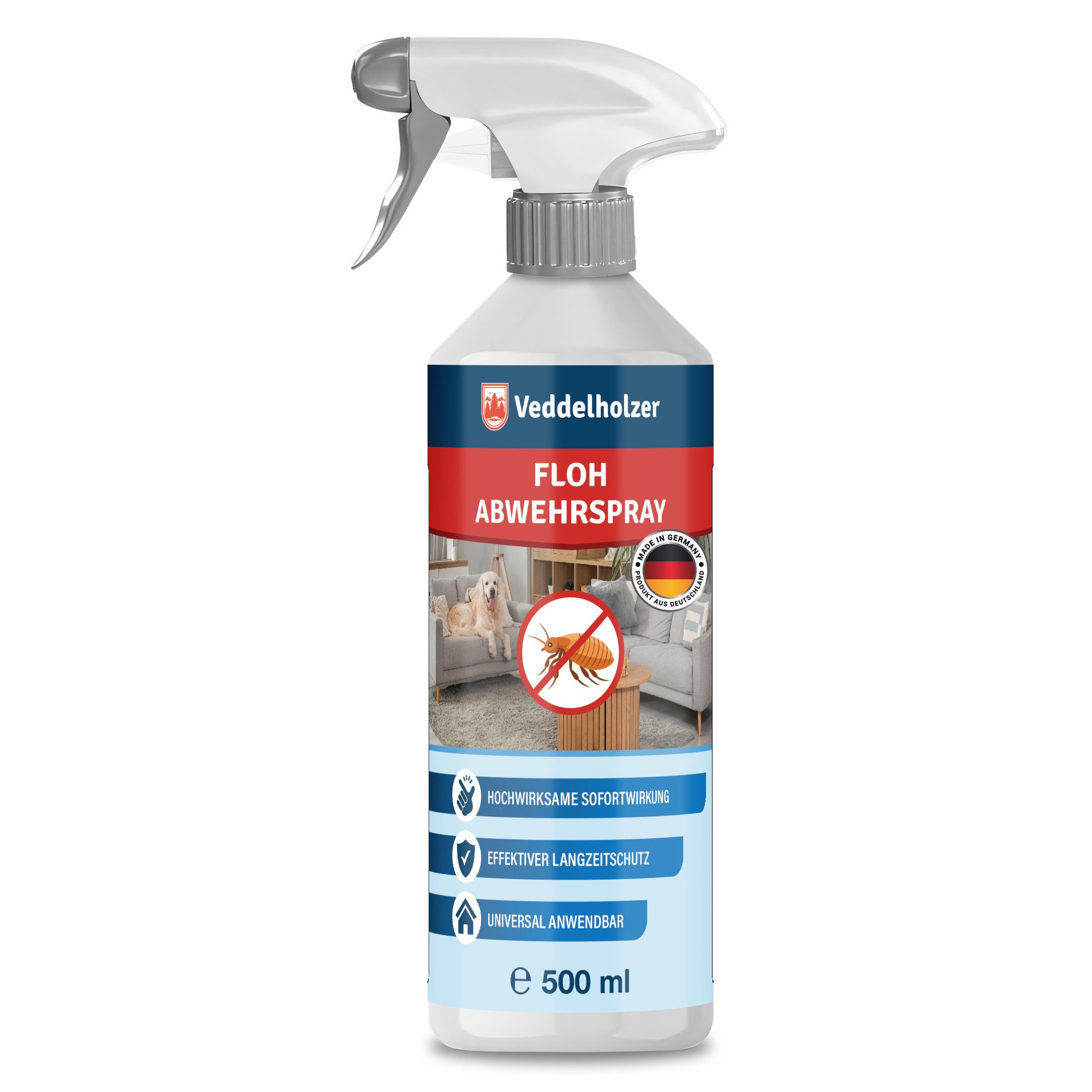 Veddelholzer Insektenschutz-Spray 500ml Floh Abwehrspray für Wohnung & Möbel Hochwirksame Sofortwirkung Universal Anwendbar im Haushalt, mit Zitroneneukalyptusöl Schonend & langanhaltend