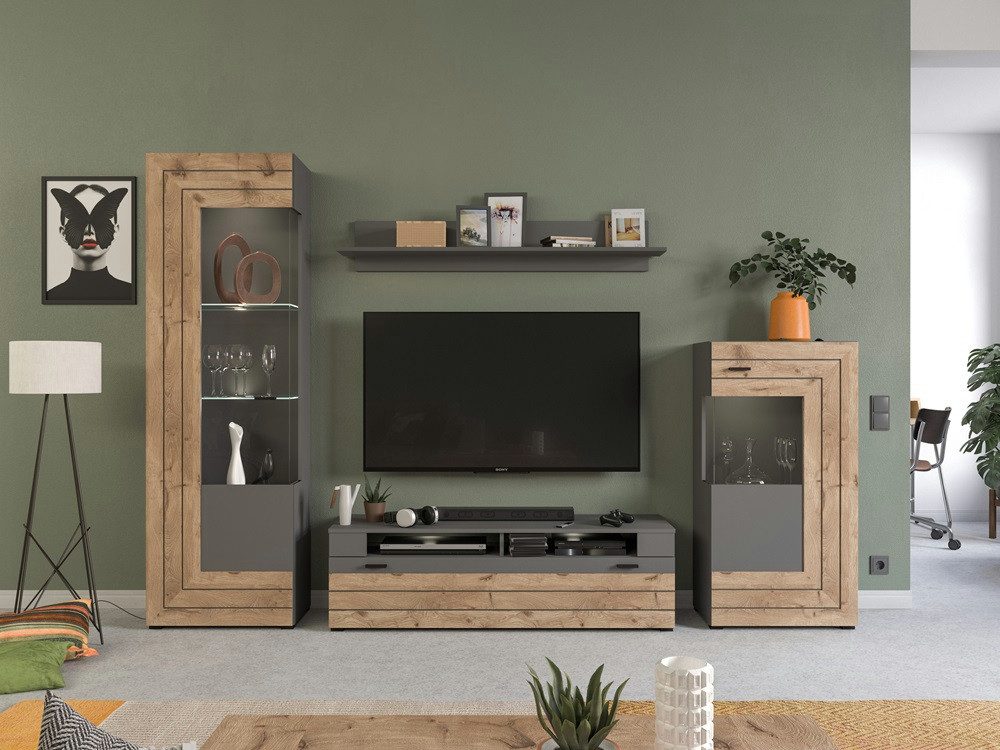 MCA furniture Wohnwand Wohnwand Freno, grau matt / Nox Oak, 4-teilig, (4-St)