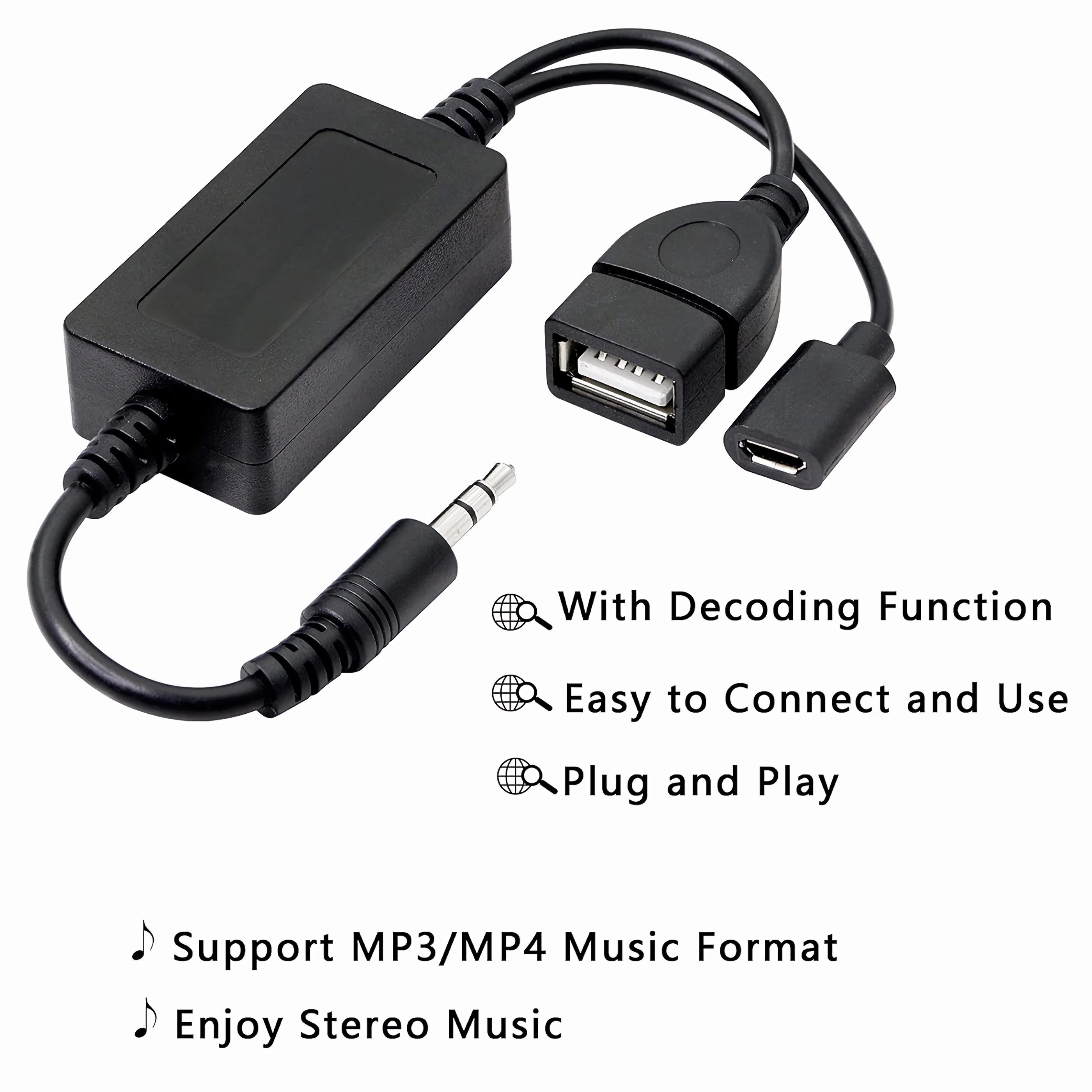 Bolwins P14 3.5mm AUX Audio Stecker auf USB A Buchse Auto Audio Adapter Kabel Audio-Kabel, 3,5-mm-Klinke, USB-A Buchse (25 cm), Integrierte MP3-Dekodierungsfunktion