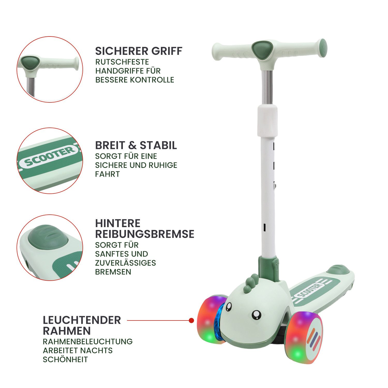 Habib Gruppe Dreiradscooter Kinderroller mit Tier-Design, 3-Rad, LED-Licht & Faltbar