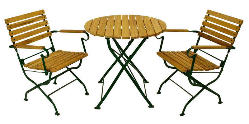 DEGAMO Garten-Essgruppe PASSAU, (3-tlg), (2x Sessel, 1x Tisch 77cm rund), Gestell grün + Robinie, klappbar