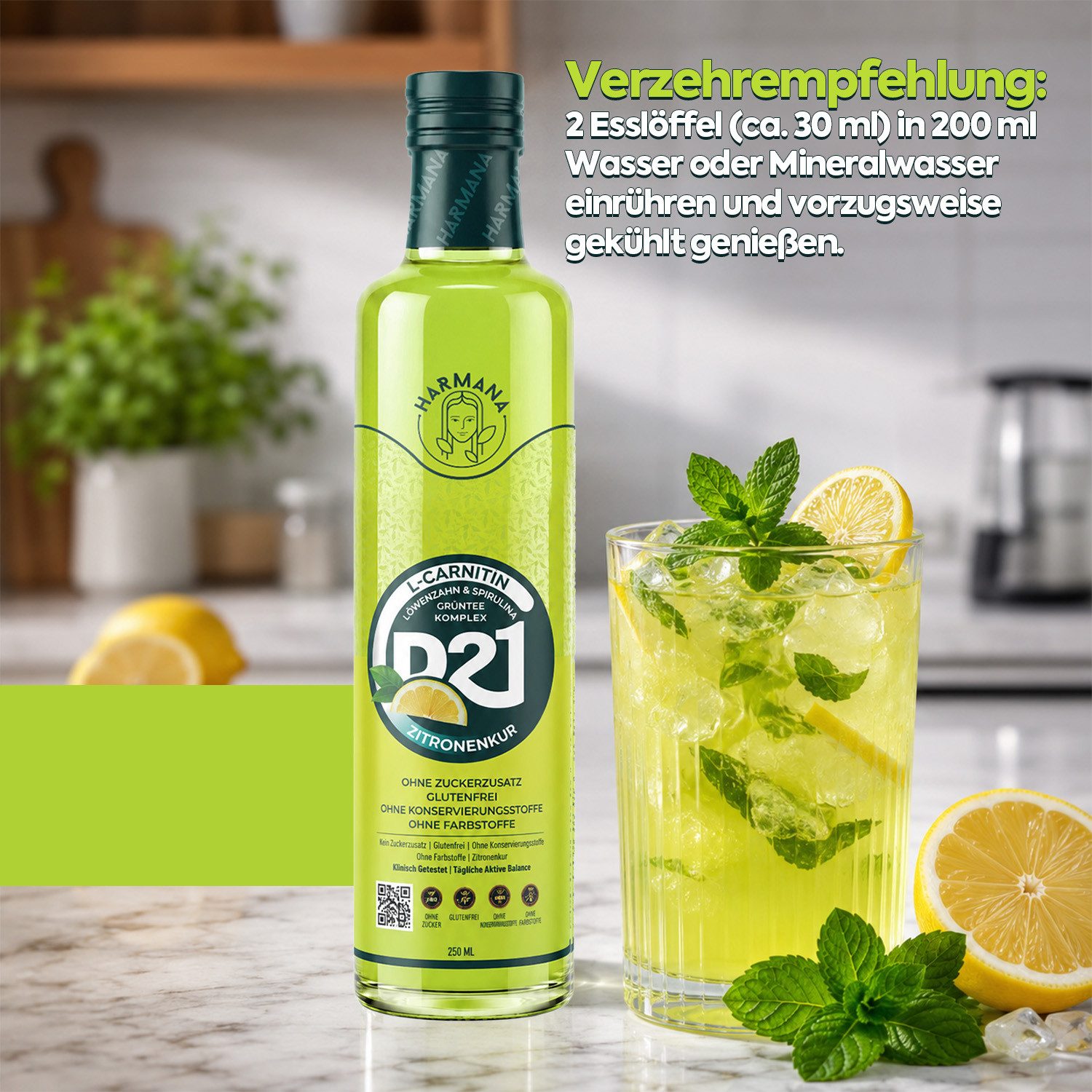 Harmana Sirup Lemon Cure-Getränkekonzentrat mit L-Carnitin, Grüntee & Spirulina, 250 ml, Zuckerfrei, glutenfrei und ohne Konservierungsstoffe – Bild 4 von 5