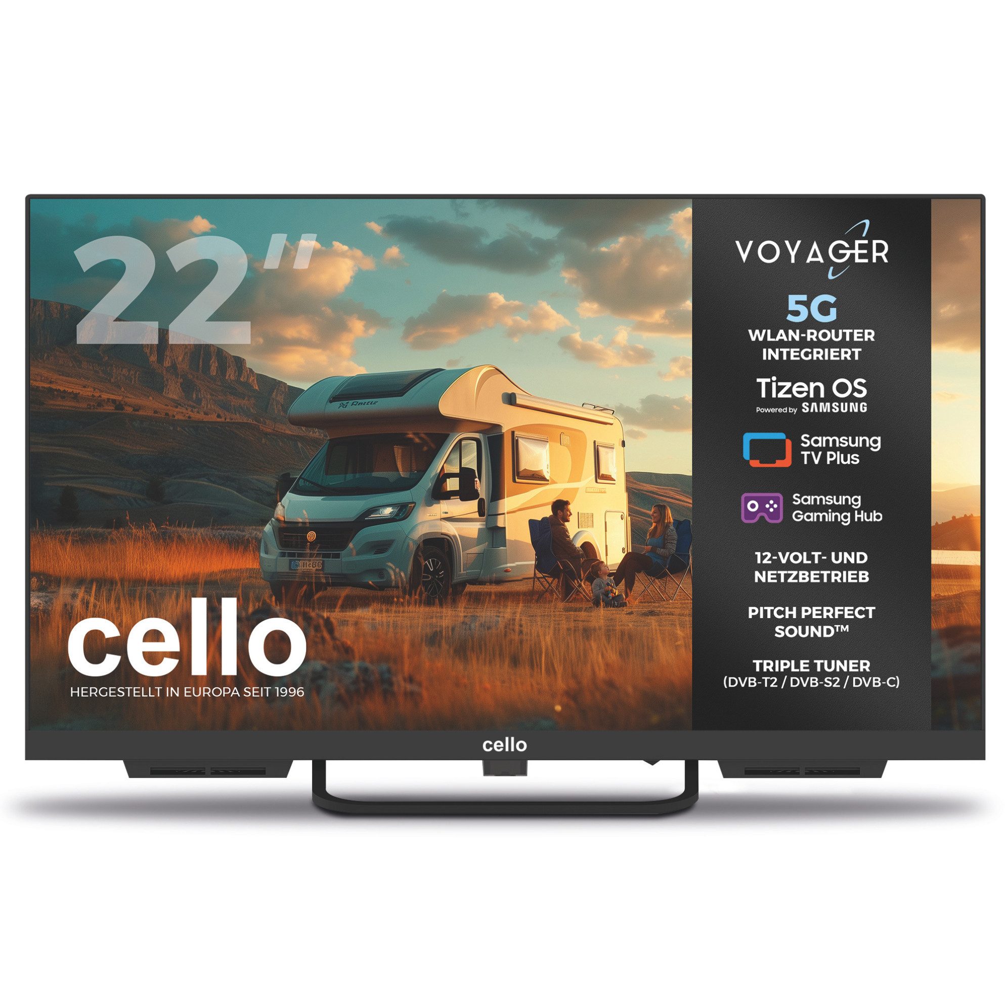 Cello 22" Voyager Traveller Tizen OS Smart‑TV mit integriertem 5G‑Router LED-Fernseher (55,88 cm/22 Zoll, Full HD, Smart-TV, WLAN, 5G‑Router integriert, Dual‑SIM Internet, Hotspot‑Funktion (bis 32 Geräte), 4× SMA für externe MIMO Antenne, Tizen OS, Pitch Perfect Sound)