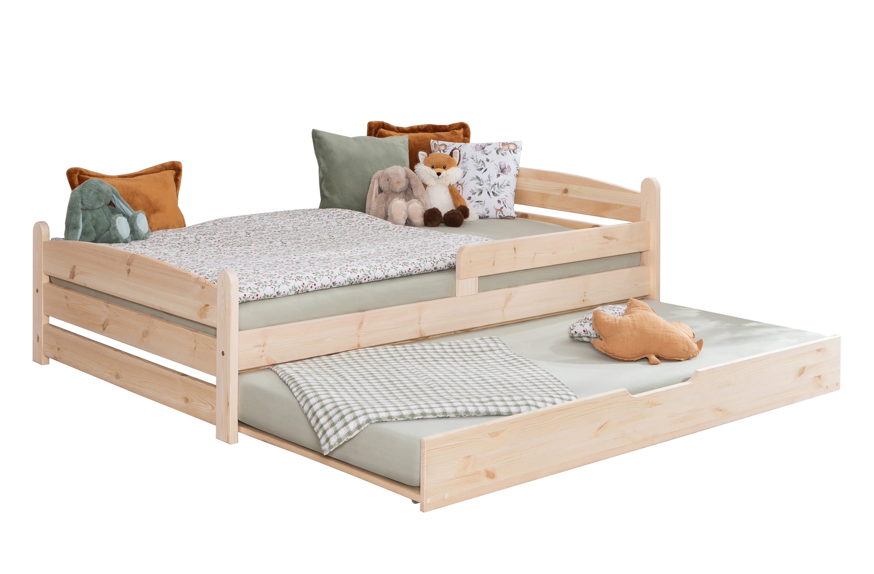 Ticaa Kinderbett Massivholzbett Mello Daybett Kinderbett Jugendbett (120x200 aus Kiefer Massivholz), inkl. Roll-Lattenrost & Ausziehbett, mit Rausfallschutz, Natur
