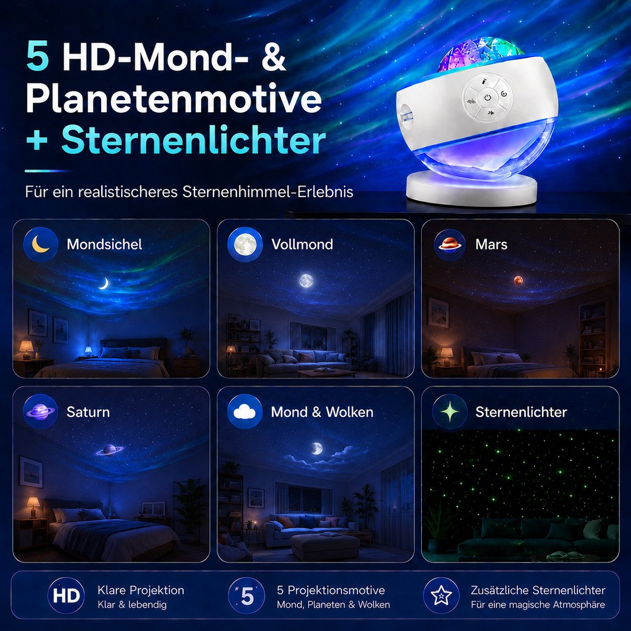 Futicare Nachtlicht LED Sternenhimmel Projektor mit Nordlicht, 16 Farben & 300 Lichtmodi, 5 Motive, Bluetooth-Lautsprecher, 10 Weißrausch-Klänge, Fernbedienung  – Bild 3 von 5