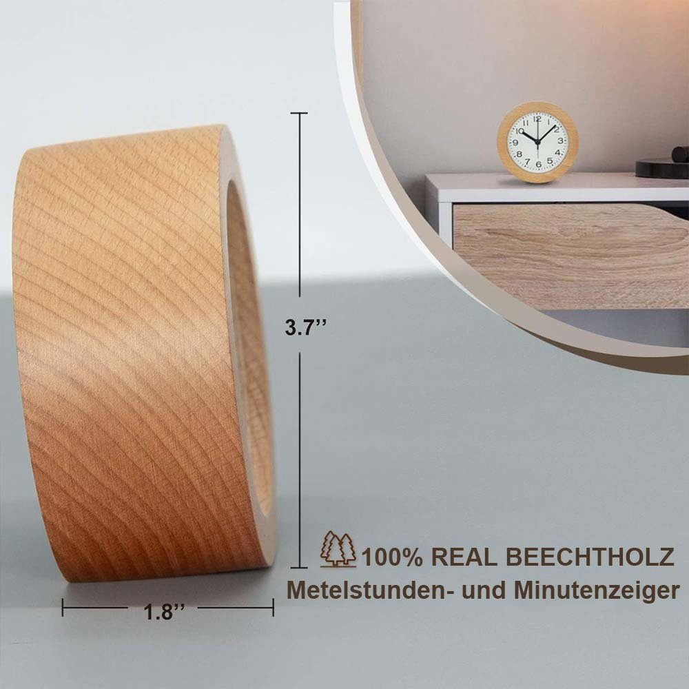 MOUTEN Wecker Runder Holzwecker, 7,6 cm, geräuschlos. Holzfarbe