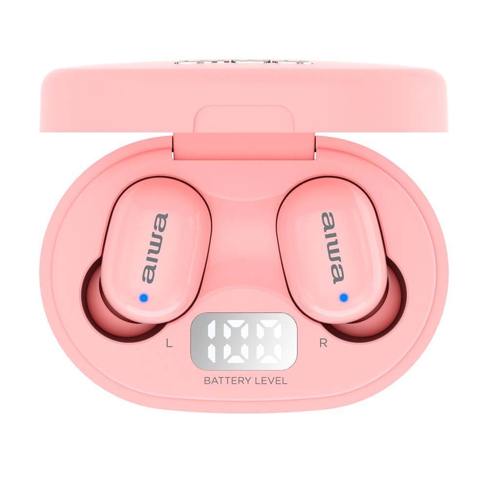 EBTW-150 Kopfhörer: / Ladeetui: Reichweite 300mAh, Kopfhörer Gesprächszeit Ladung, m Drahtlose Android, pro der Aiwa Ladeports) 5.0 (iOS, Pink 3 Bluetooth magnetische Wiedergabe- Stunden 10 In-Ear-Kopfhörer