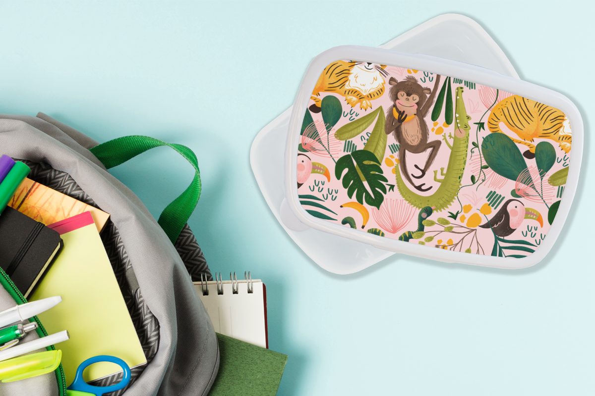 MuchoWow Lunchbox Affen - (2-tlg), für Jungs - Rosa, und für - und Kunststoff, Pflanzen Brotdose, weiß Mädchen Dschungel Brotbox Erwachsene, Kinder