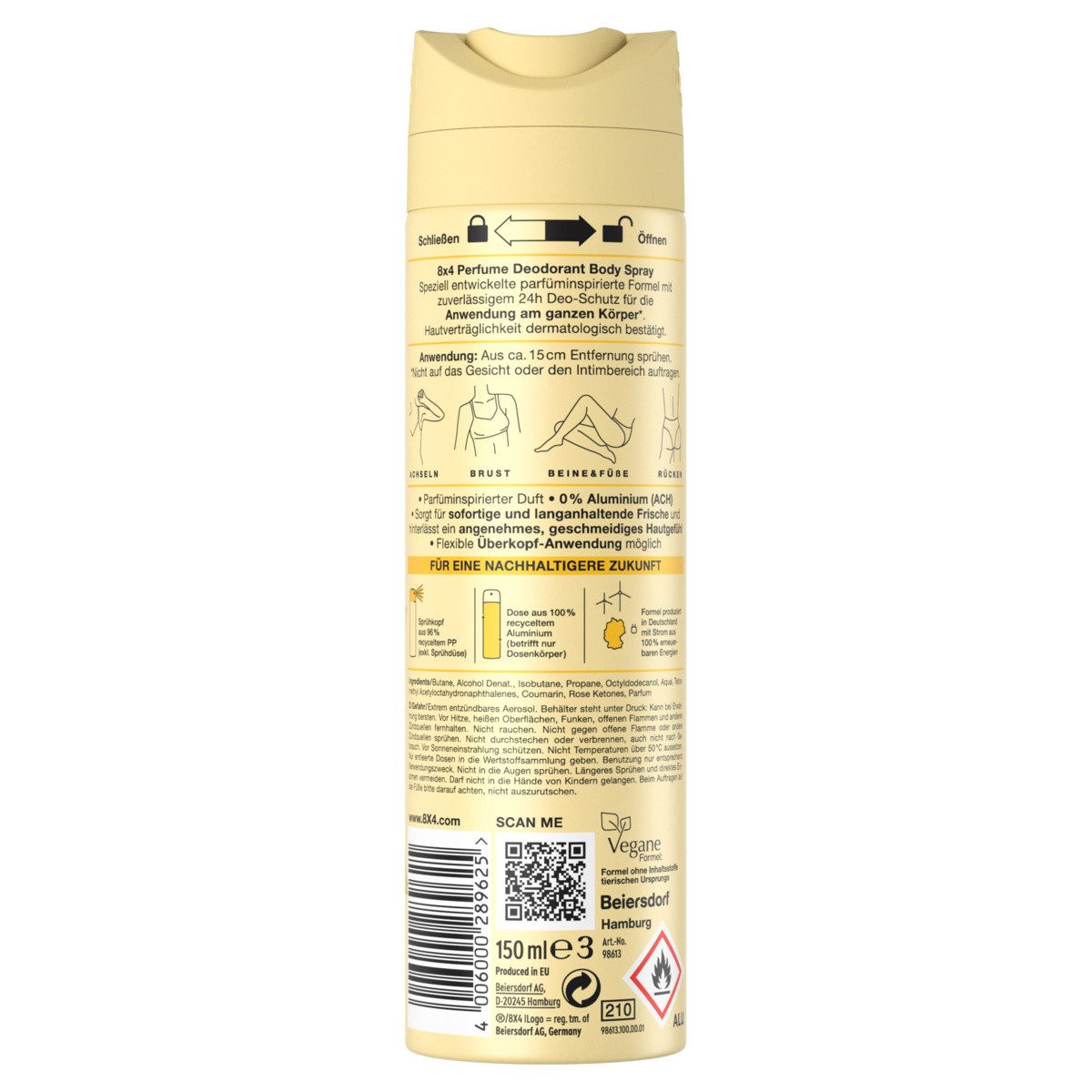8x4 Bodyspray Sunny Spirit 6 x 150ml sunny Pfirsich cozy Vanille Sandelholz, Set, 6-tlg., 0% Aluminium (ACH)