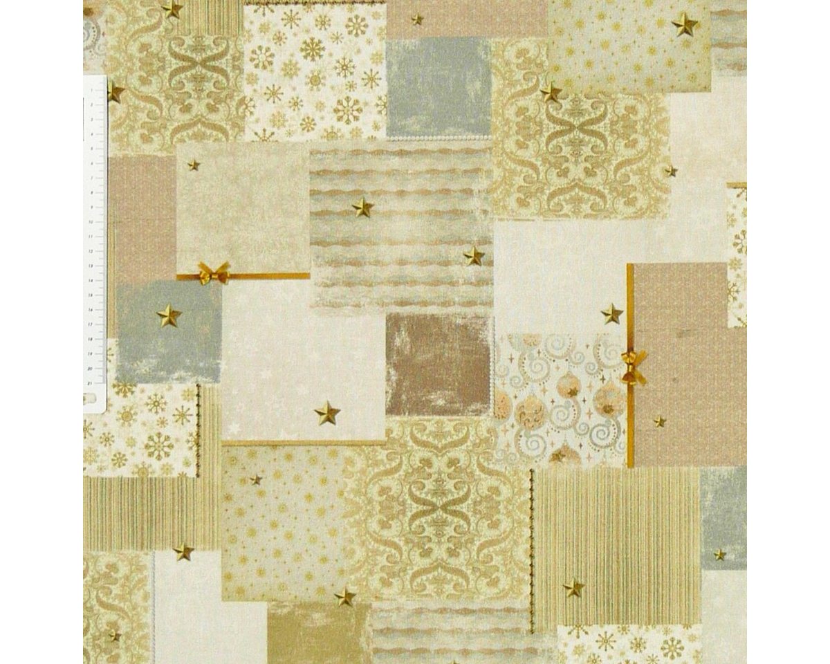 Thumbnail - SCHÖNER LEBEN. Stoff Dekostoff Digitaldruck Patchwork Schleife gold weiß rosa braun 1,40m, Digitaldruck