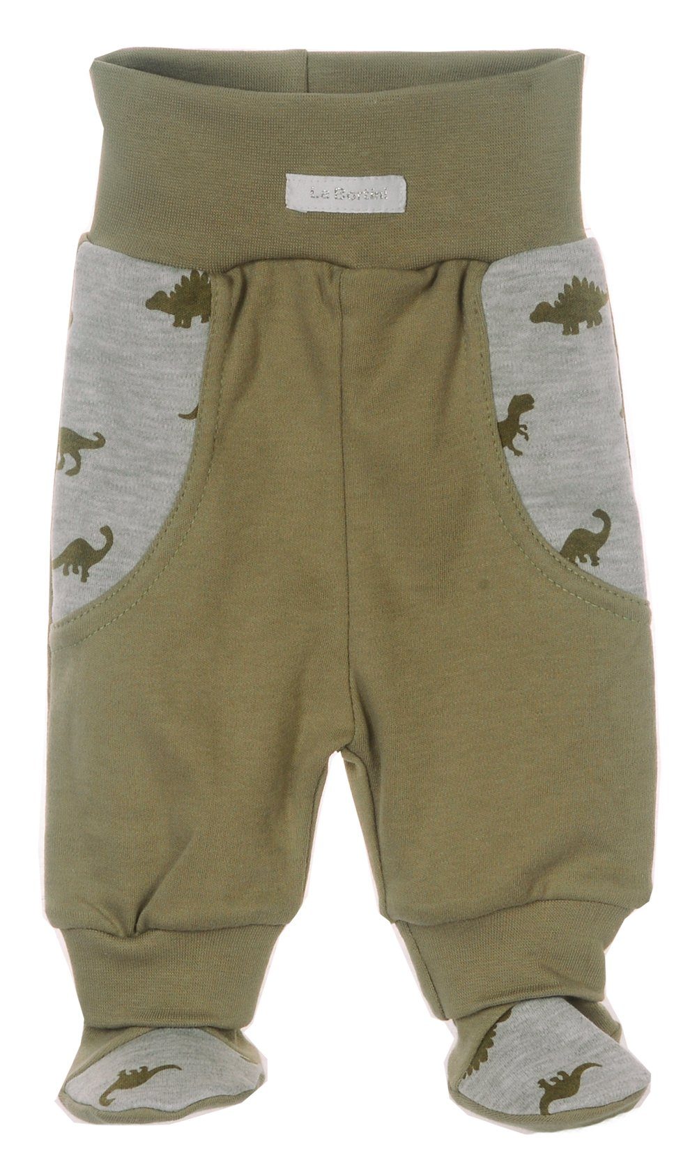 Schlupfhose Hose mit Füßchen für Baby und Kinder in Khaki mit Dinos