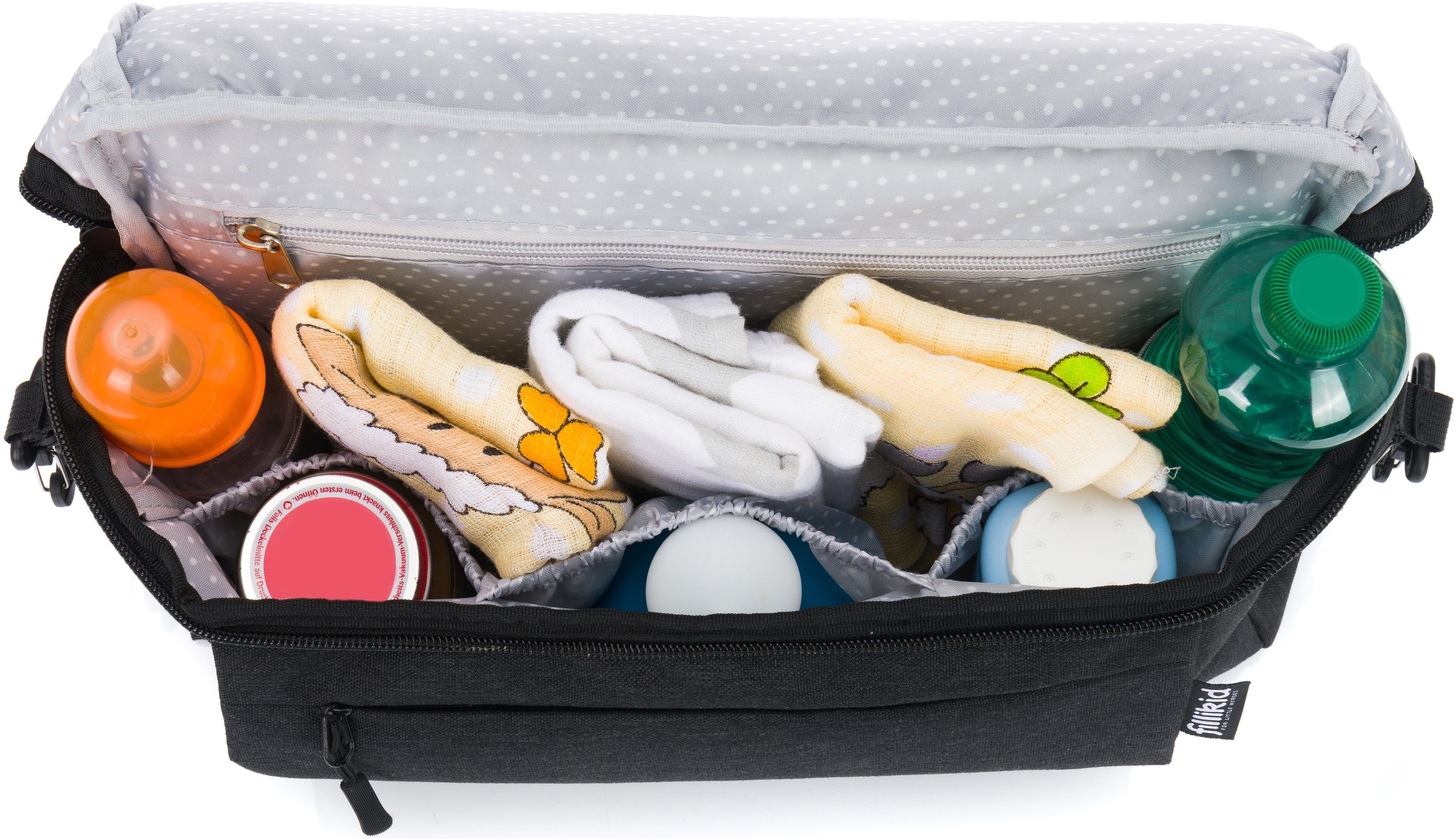 Fillikid Kinderwagen-Tasche Buggy Organizer Sport, schwarz, mit Wickelunterlage