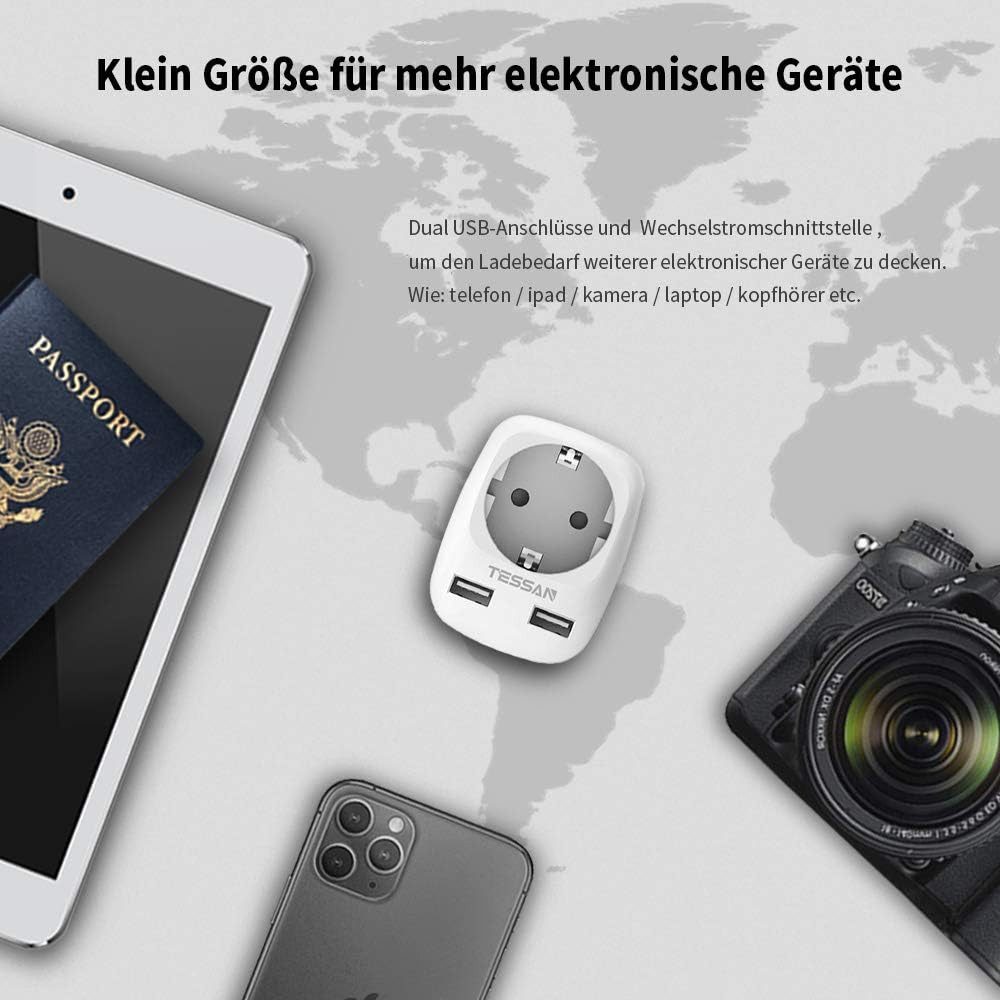 TESSAN Reiseadapter Schuko Stecker mit 2 USB Mehrfachsteckdose Adapterstecker Reiseadapter