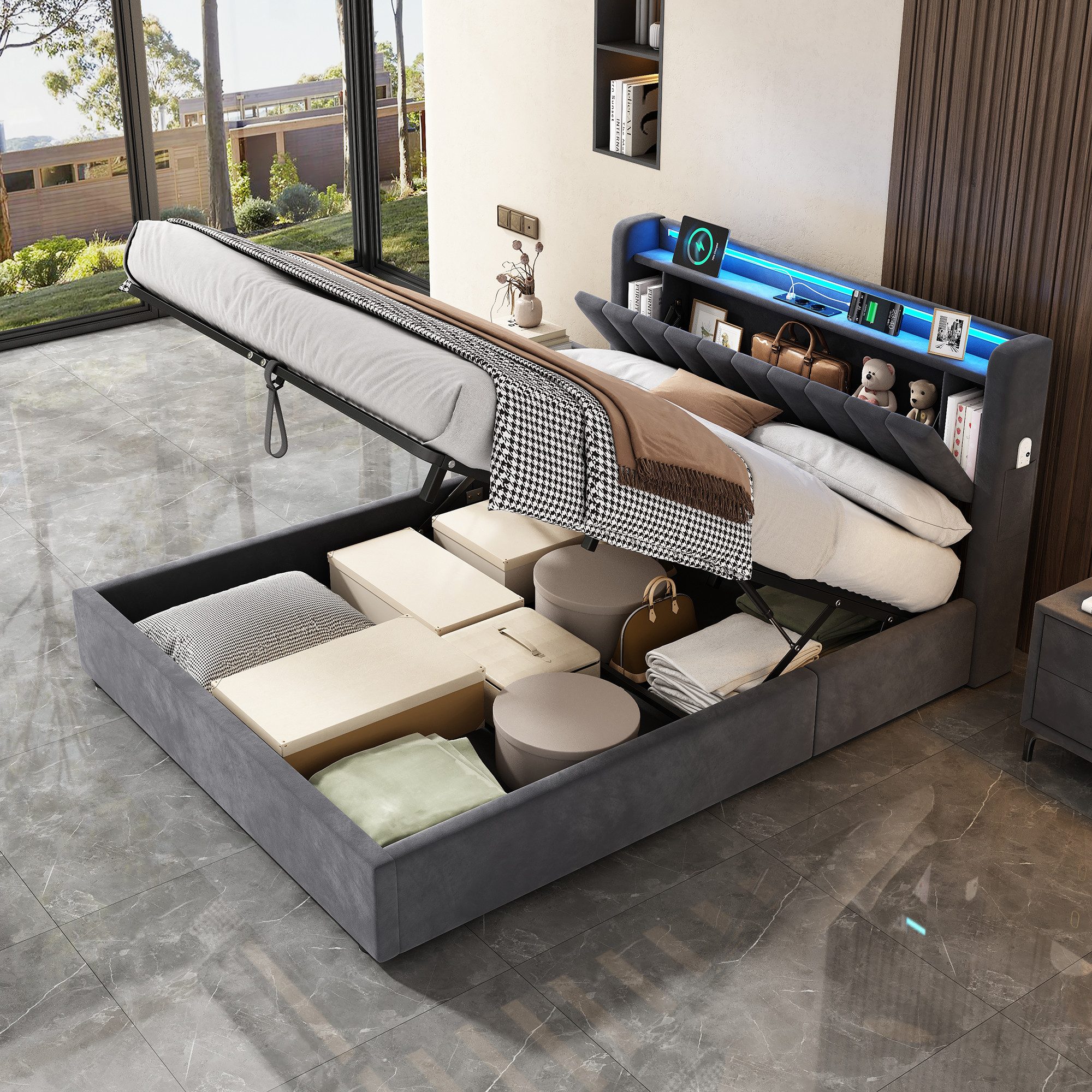 STILVORA Polsterbett 90×200 mit bettkasten,Bettgestelle Boxspringbett mit USB & LED-Licht (Funktionsbett mit Fernbedienung, Gepolsterter Rand, Samtstoff, Metallrahmen, Kompfort, Grau), Jugendbett ohne matratze, Stauraumbett für verschiedene Raumstile