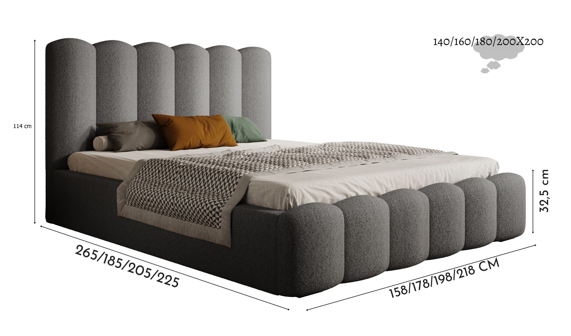 Goldstoff Polsterbett mit Bettkasten - LOFT inkl. Lattenrost und hohem Kopfteil (140x200 160x200 180x200 200x200cm - mit gepolstertem Kopfteil, Doppelbett - Designerbett - Wolkenbett), Erhältlich in 4 Größen