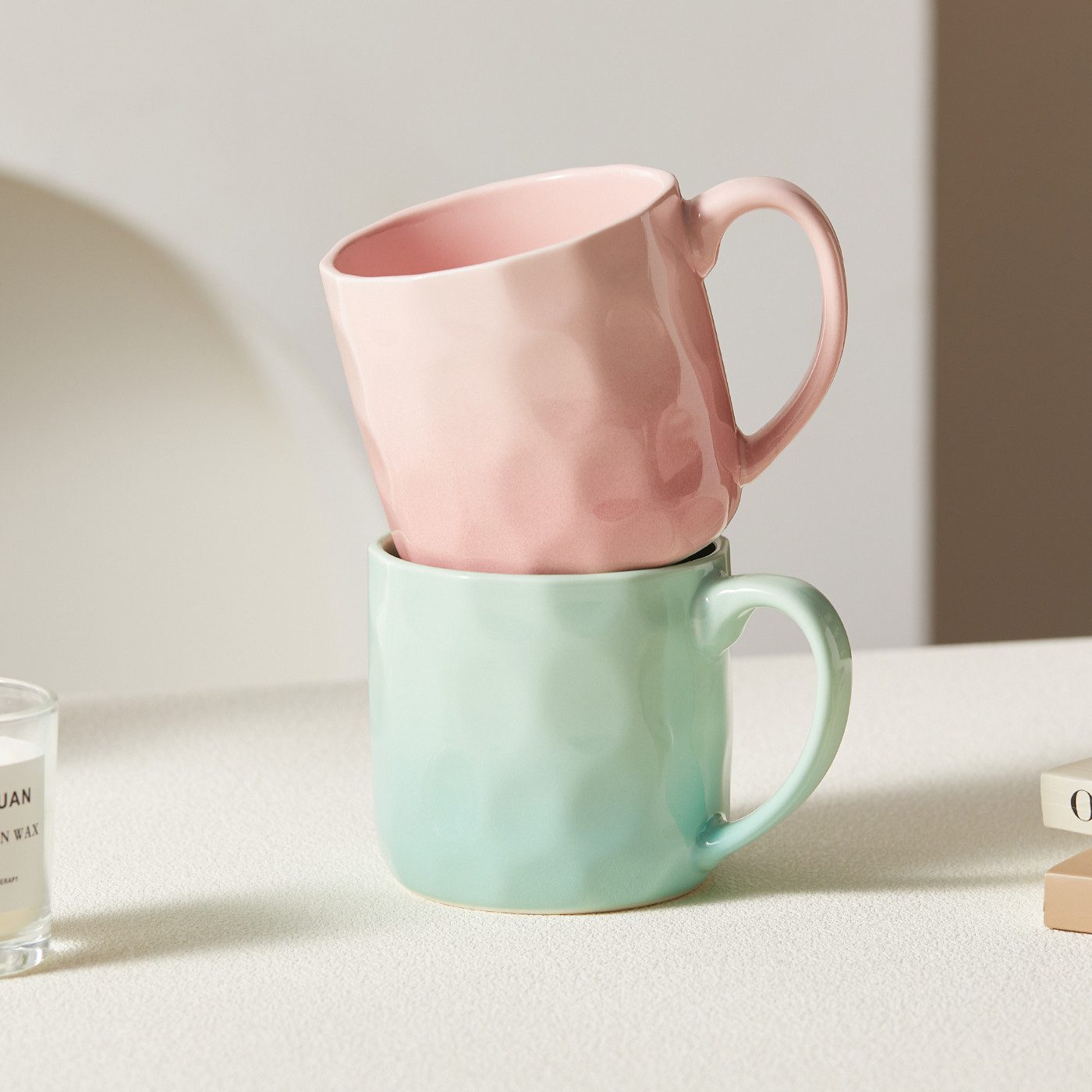 JIWOO Tasse 4er,380ml,Skandinavische Keramiktassen-Set,Kaffeebecher,Teebecher, 4-tlg., Keramik, Keramiktassen Handgefertigt Kafeeservice Mikrowellen spülmaschinenfest