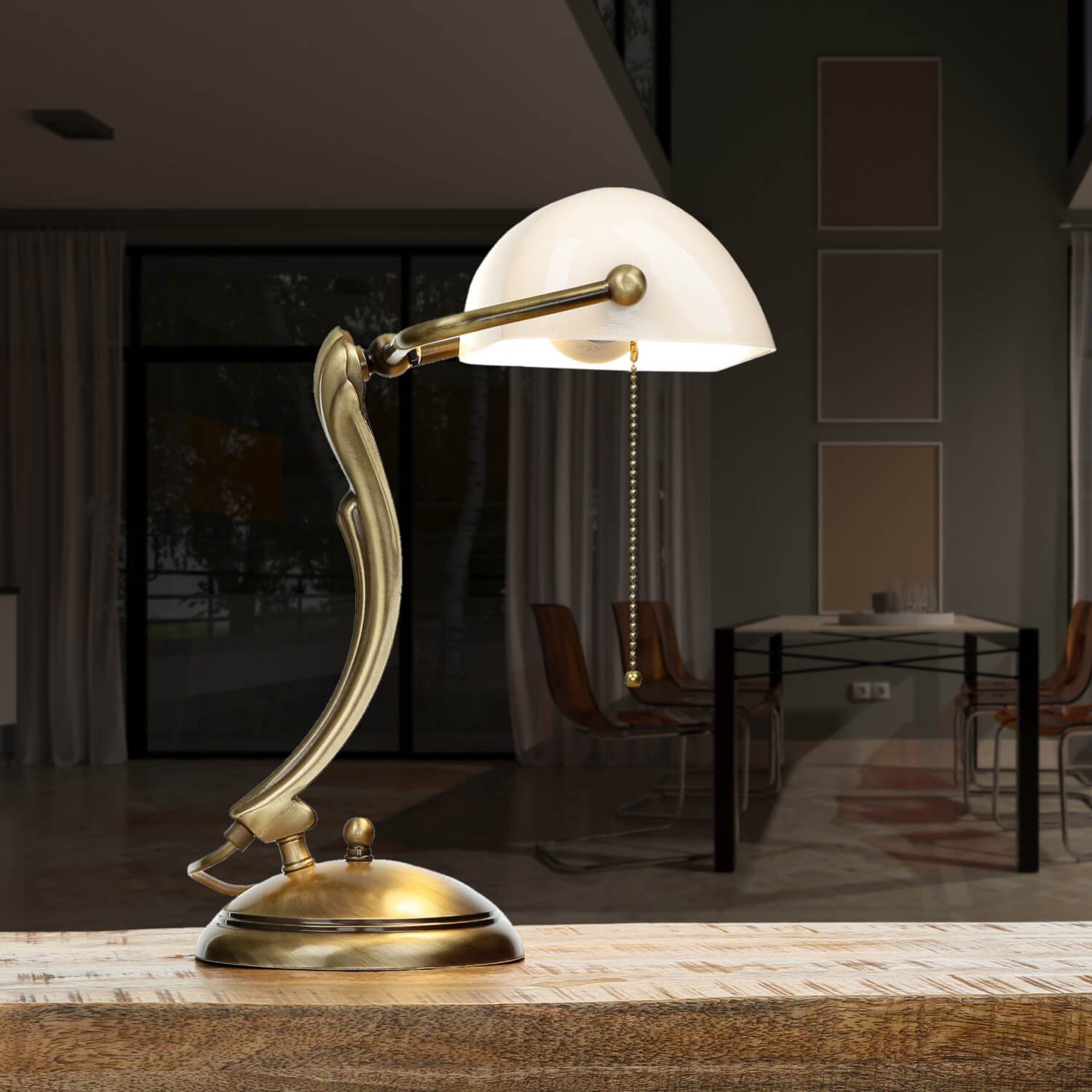 Licht-Erlebnisse Schreibtischlampe LAMPADE MINISTERO, ohne Leuchtmittel, Bankerlampe Echt Messing bronziert Glas Zugschalter Lampe