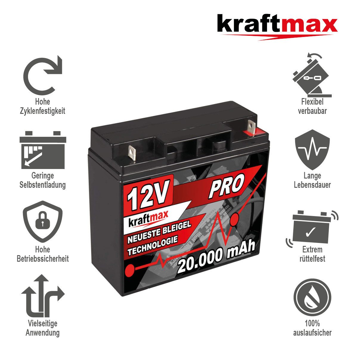 kraftmax Industrial Pro Bleiakku [ 12V / 20Ah ] AGM Hochleistungs- Blei Akku Bleiakkus (1 St) – Bild 4 von 5