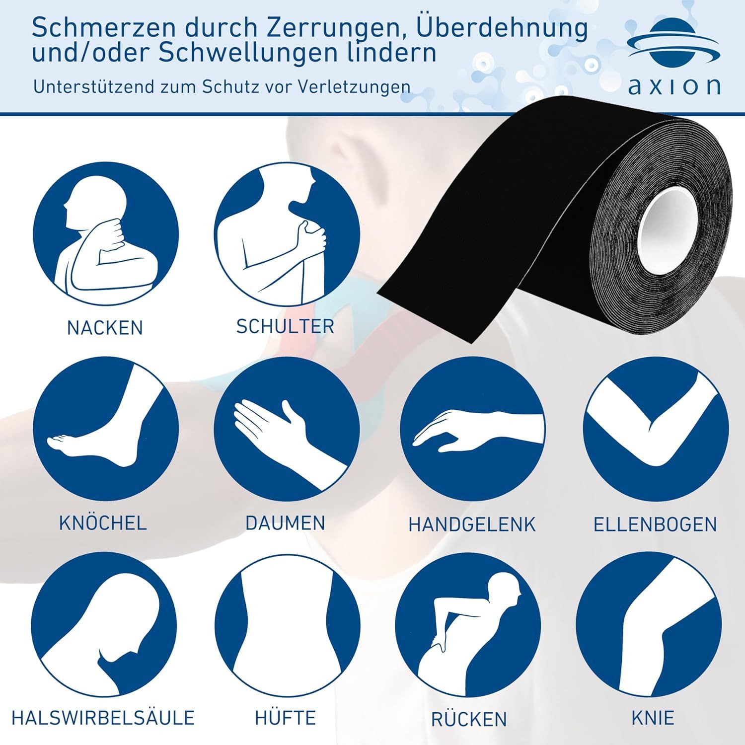 Axion Kinesiologie-Tape Kinesio-Tape - Wasserfestes Tape, verschiedene Farben, je 500 x 5 cm (Set, 2-St) MEDIZINPRODUKT, Sporttape Bandage