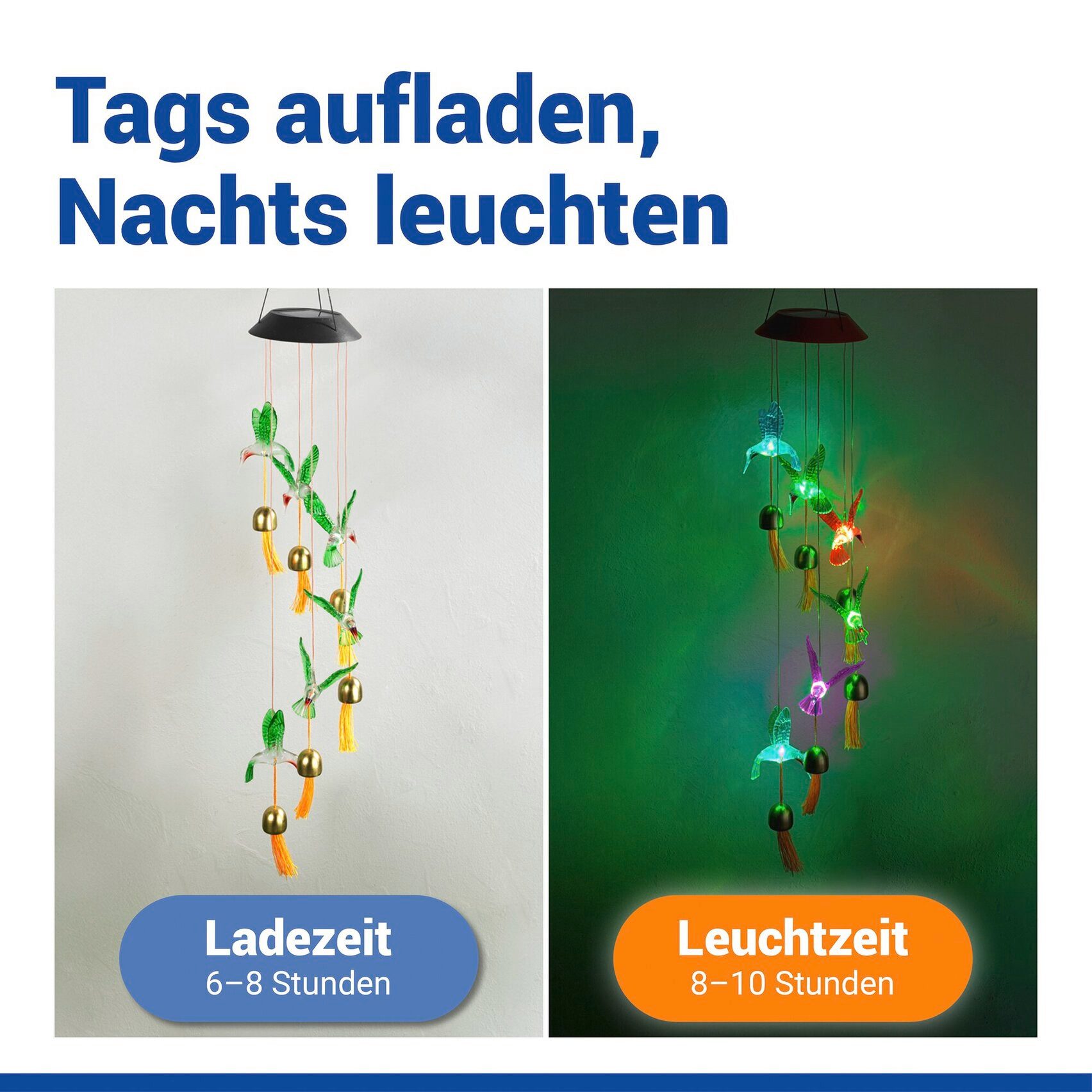 Maximex LED Gartenleuchte Modell Kolibri, Ein-/Ausschalter, Farbwechsel, LED fest integriert, Farbwechsler, solarbetriebenes Windspiel mit 6 Glocken, dekorative Gartenbeleuchtung