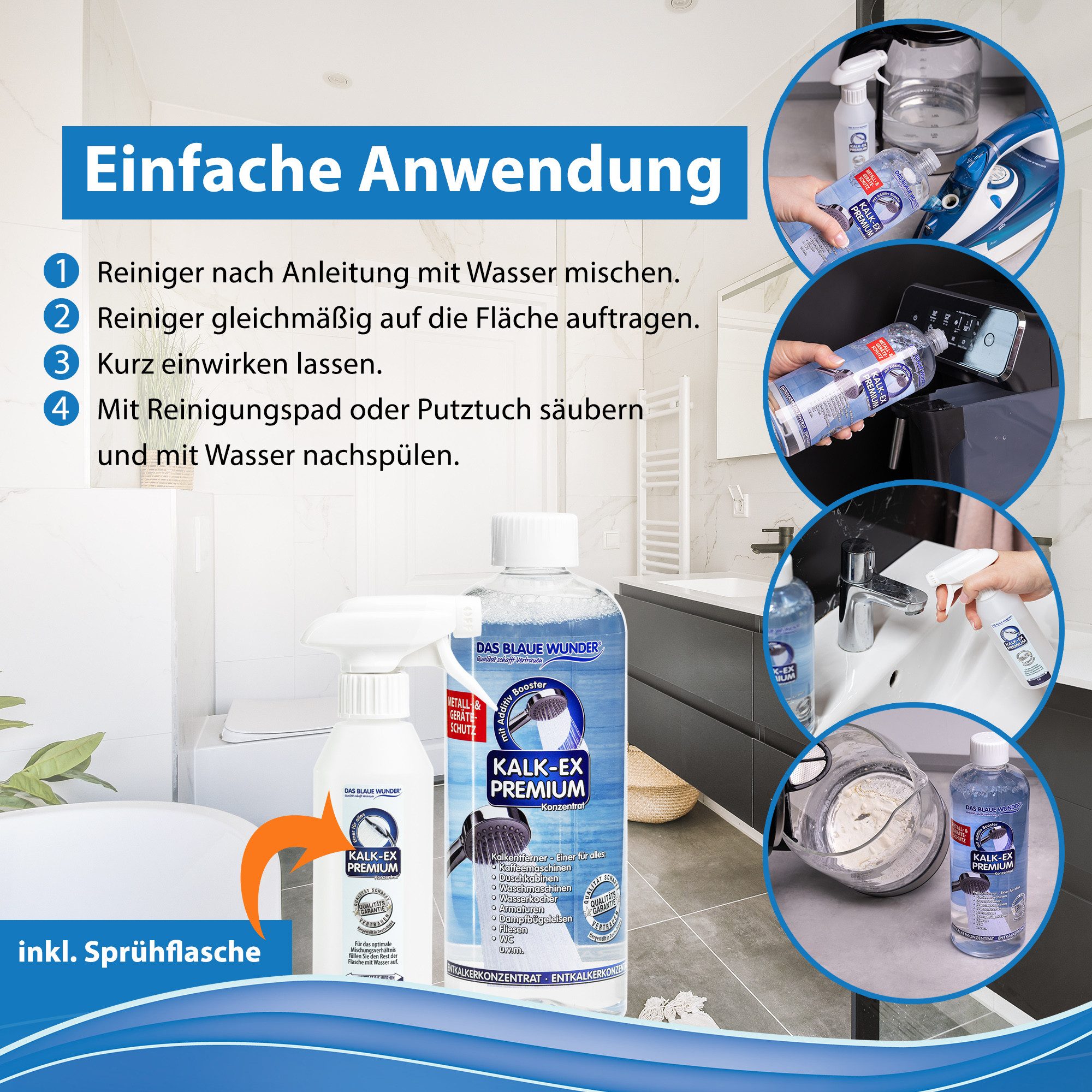Das Blaue Wunder® Kalk-Ex Premium Konzentrat Metall- und Geräteschutz Entkalker (mit Additiv Booster, [- 750 ml Konzentrat)