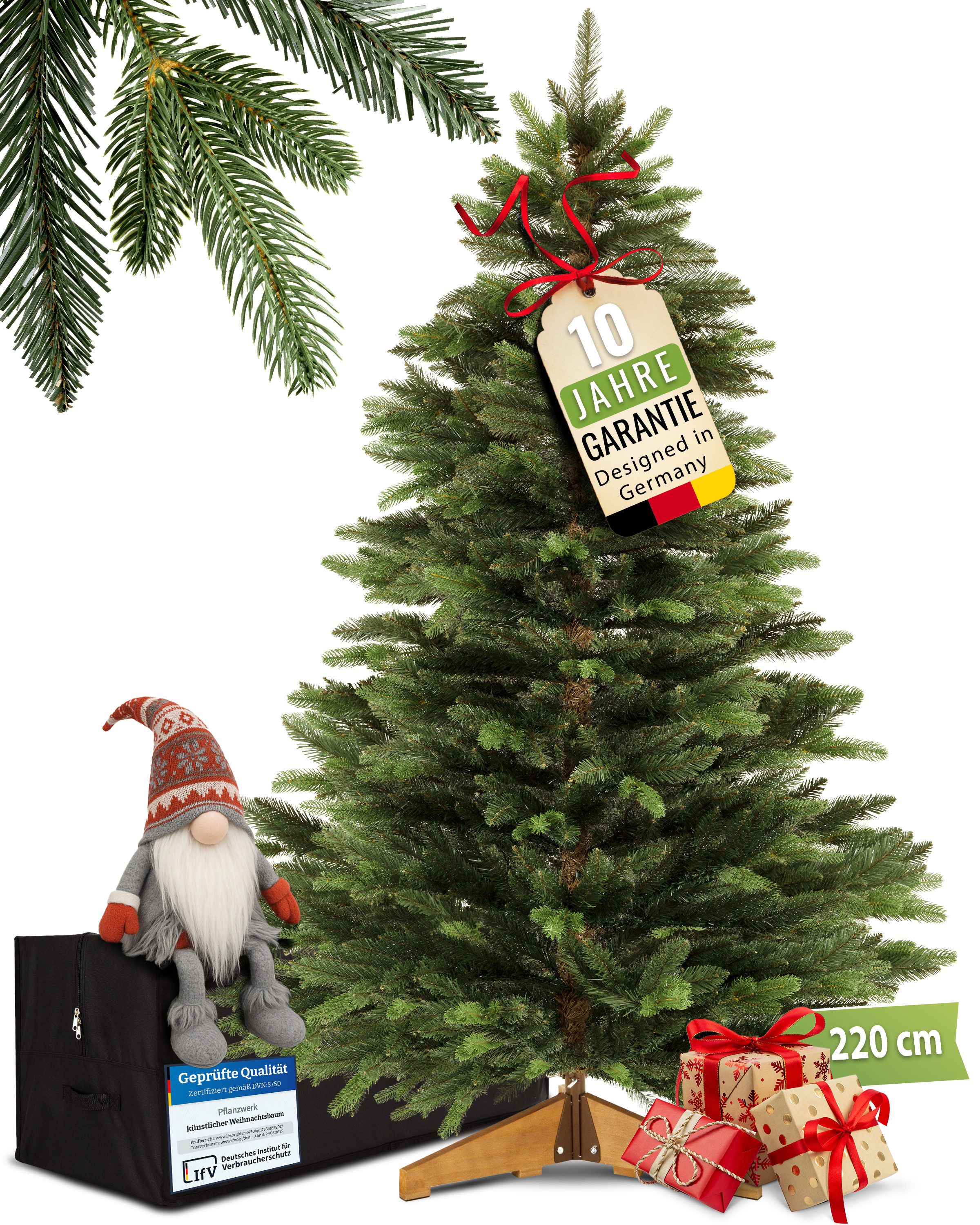 Pflanzwerk® Künstlicher Weihnachtsbaum NORDMANNTANNE Tannenbaum Christbaum Holzständer TESTSIEGER - GARANTIE, Nordmanntanne, Nachhaltig - Zweige aus Spritzguss - Schwer entflammbar