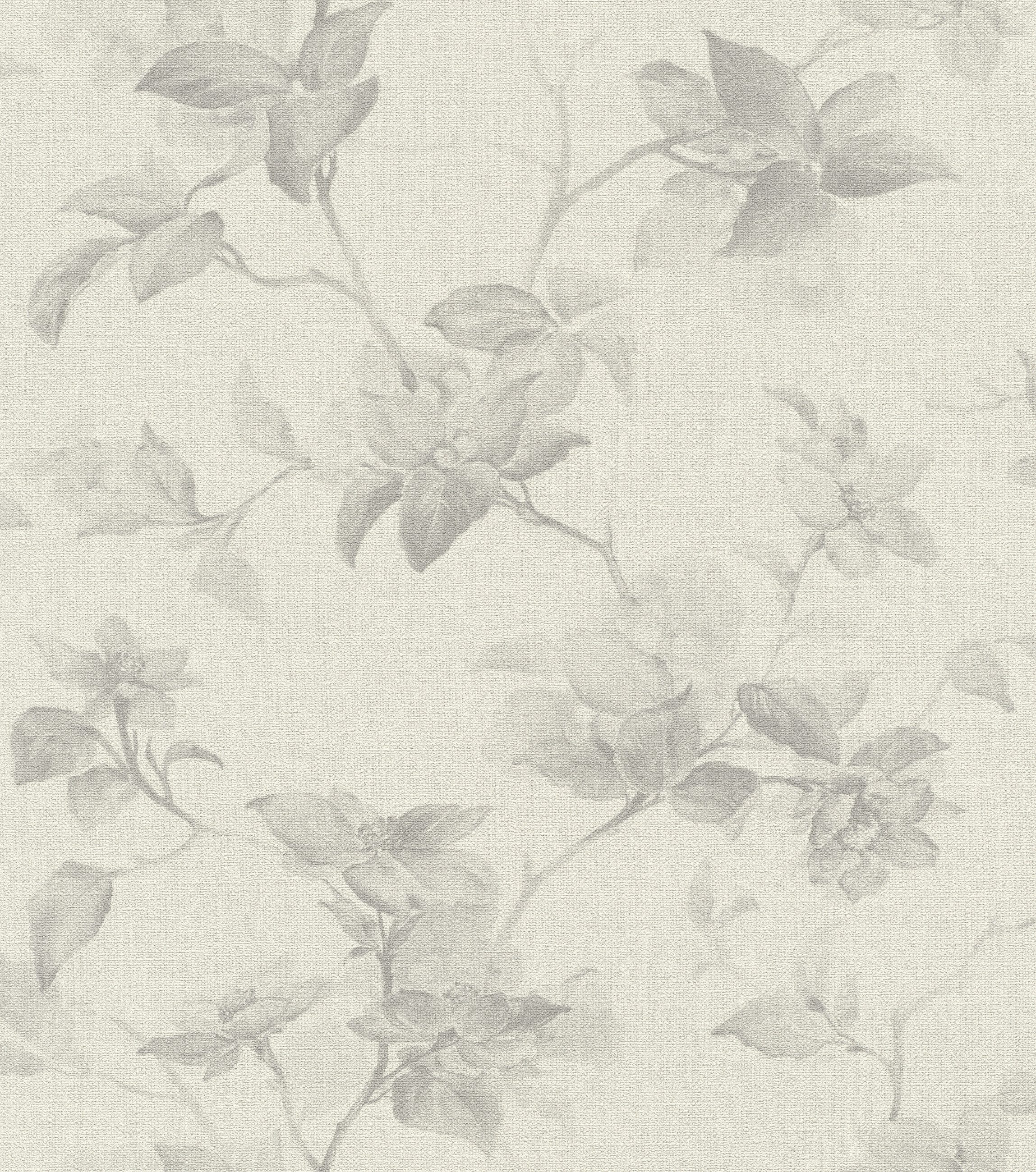 Rasch Vliestapete Blätter, Blüten & Zweige - Vinyltapete Weiß Grau, Ranken, Blumen, Natur, Blätter, Zweige, (1 Rolle, 1 St., Kollektion Atelier Tissé - 10,05 m x 0,53 m), gute Lichtbeständigkeit, feucht abwischbar, restlos abziehbar