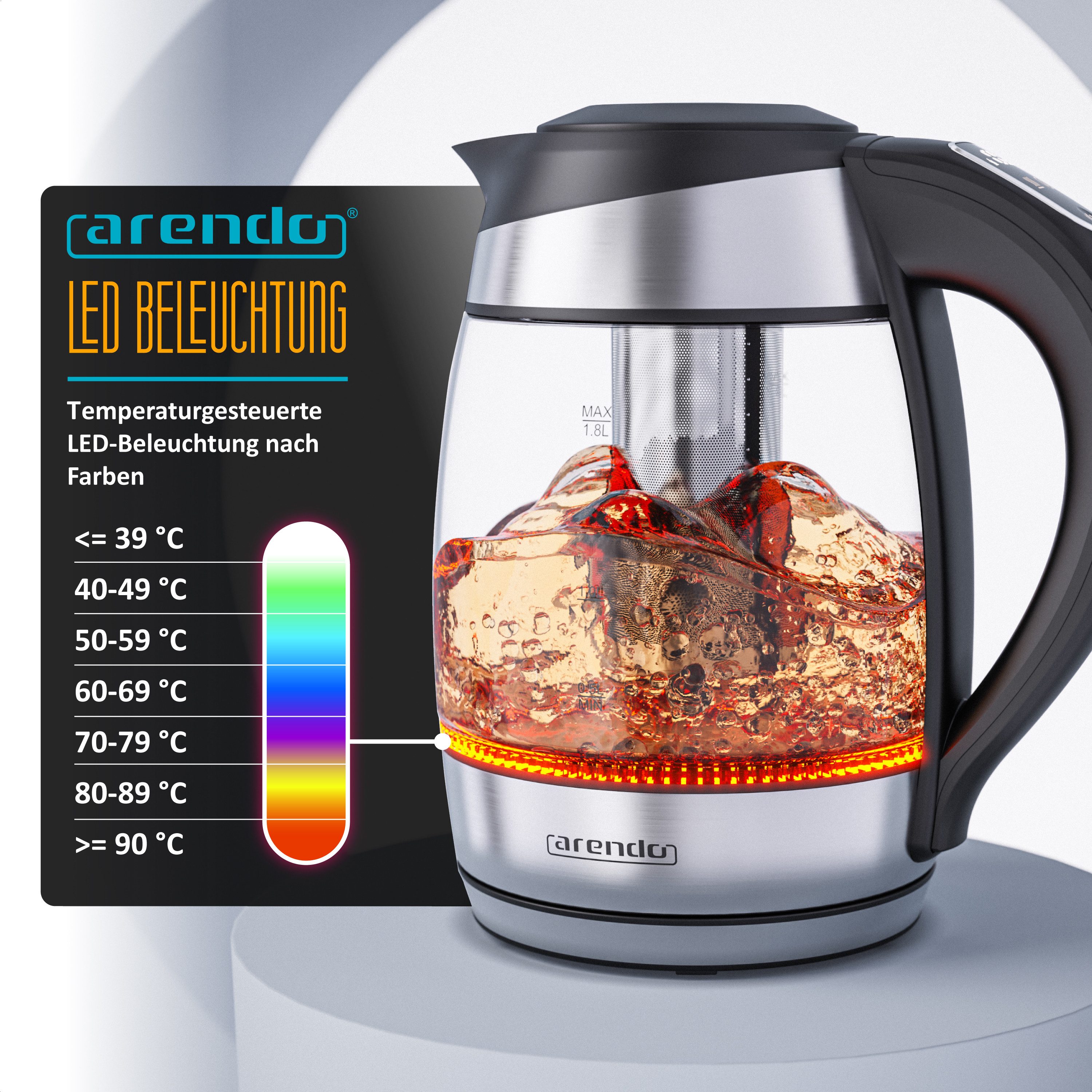 Arendo Wasserkocher Teekocher aus Glas & Edelstahl mit Temperatureinstellung und Teesieb, 1,8 l, 2200 W, Temperaturwahl 40° C - 100° C, Überhitzungsschutz, Warm – Bild 5 von 5