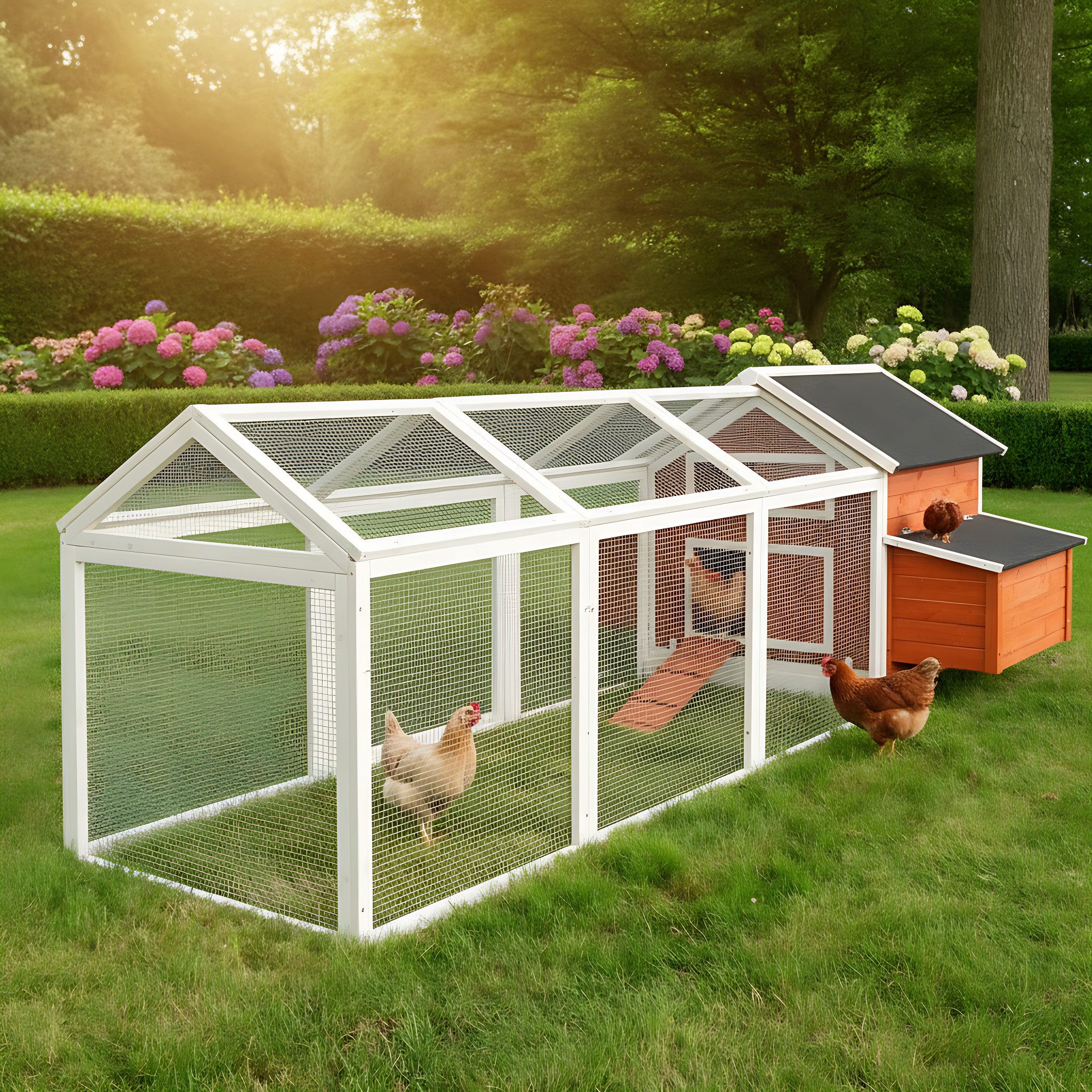 Zooprinz Hühnerstall Betty mit oder ohne Auslauf 301x113x171 cm (BxHxT), Regen- und Sonnendach, Nistkasten mit Klappdeckel