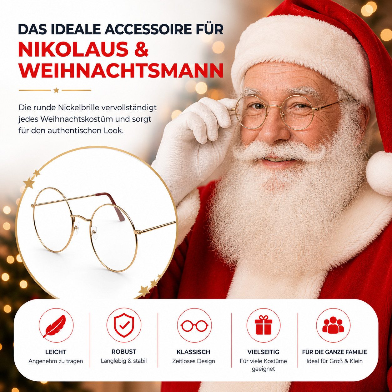 Weihnachtswunder® Kostüm 1x Weihnachtsmannbrille Nikolausbrille Brille Nikolaus Kostüm rund, Runde Gläser im traditionellen Weihnachtsmann-Stil