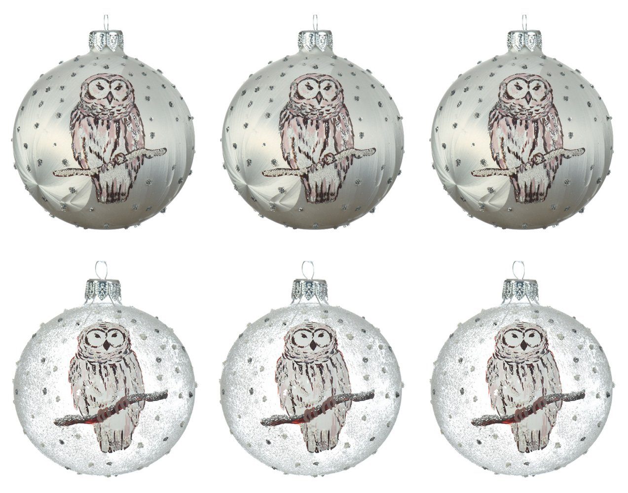 Decoris season decorations Weihnachtsbaumkugel, Weihnachtskugeln Glas 8cm mit Motiv Eule 6er Set Weiß Eislack / Klar