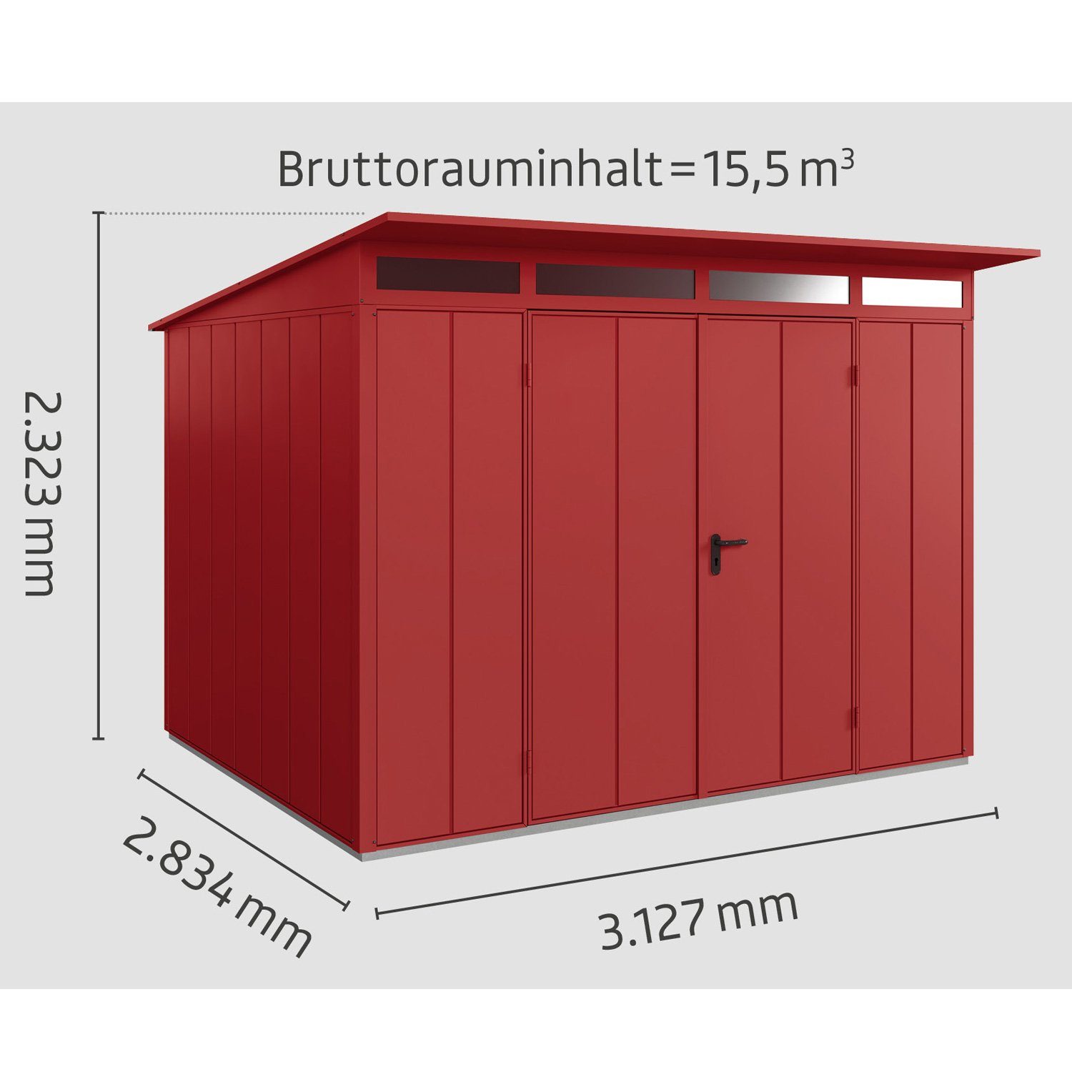 Ecostar Metall-Gerätehaus Pultdach 3, Hörmann Elegant Gerätehaus mit 2-flügelige purpurrot Tür Typ