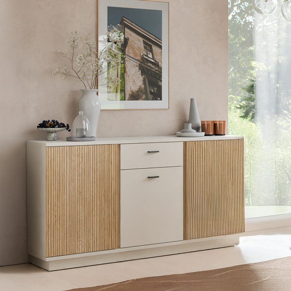 Lomadox Wohnzimmer-Set MOLINA-129, (Mega-Spar-Set, 5-St., Highboard Kommode Lowboard Vitrine Wandregal), Wohnzimmermöbel in Eiche & kaschmir mit Softclose & LED-Beleuchtung