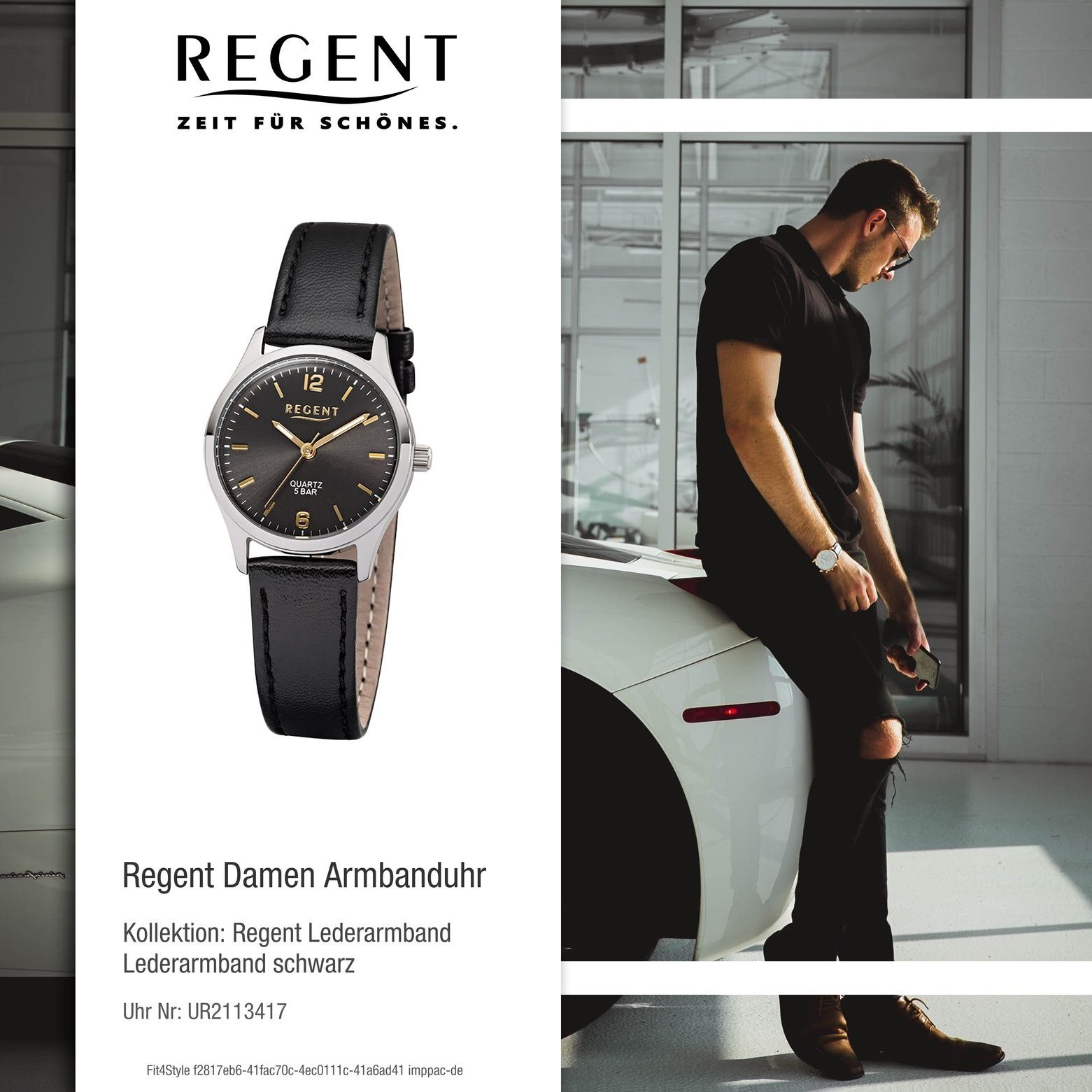 Regent Quarzuhr rund, Analog, klein Damen schwarz Lederarmband Regent (ca. 29mm), Armbanduhr Damen-Armbanduhr