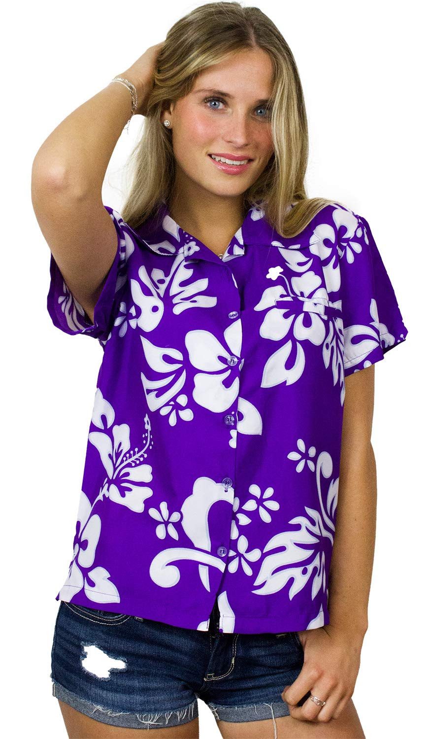 King Kameha Hawaiihemd Hibiscus Funky Hawaiibluse Damen Kurzarm Front-Tasche Stylish