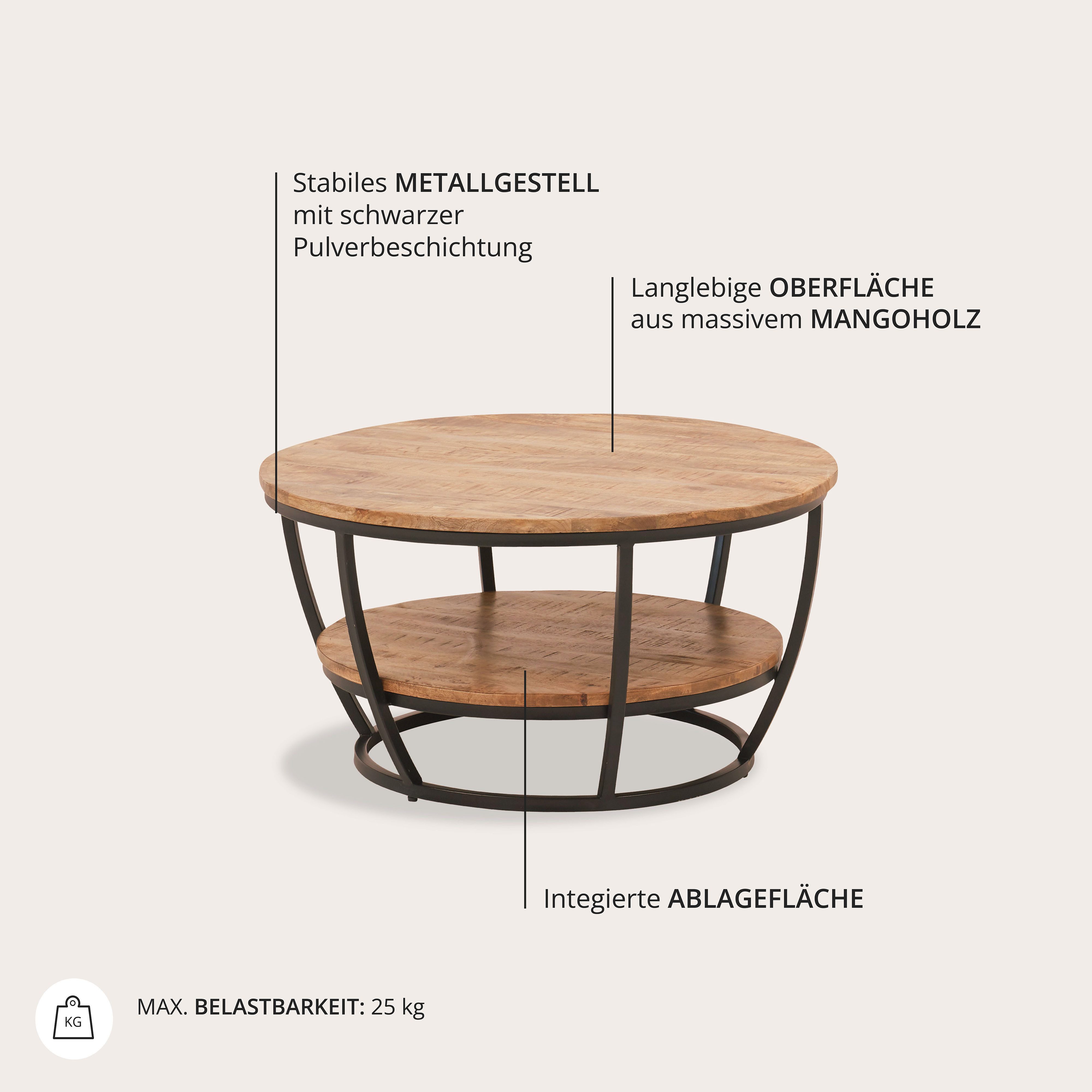 Stolkom Sp.z.o.o. Couchtisch Jambi, TOPSELLER! (Couchtisch, OTTOs Choice), rund Massivholz mit Ablage