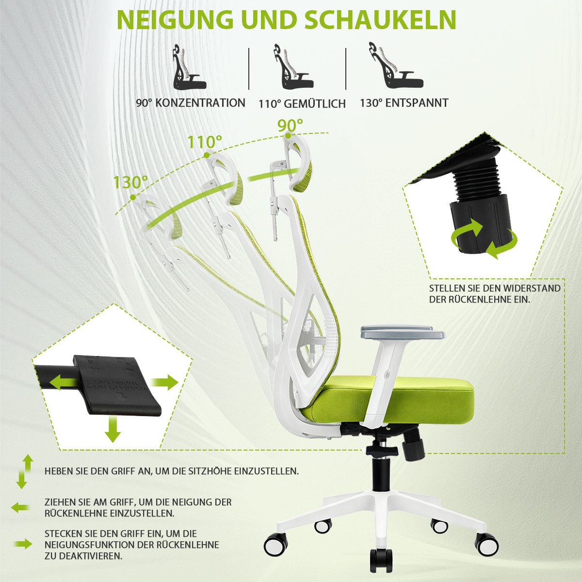 Durrafy Bürostuhl 200kg Ergonomischer Bürostuhl-Verstellbare Lordosenstütze (Verstellbare Lendenwirbelstutze + Kopfstutze + hohenverstelbare Armlehnen),bis zu 130° neigbar, atmungsaktives Netzgewebe, Drehstuhl),bis zu 130° neigbar, atmungsaktives Netzgewebe, Drehstuhl