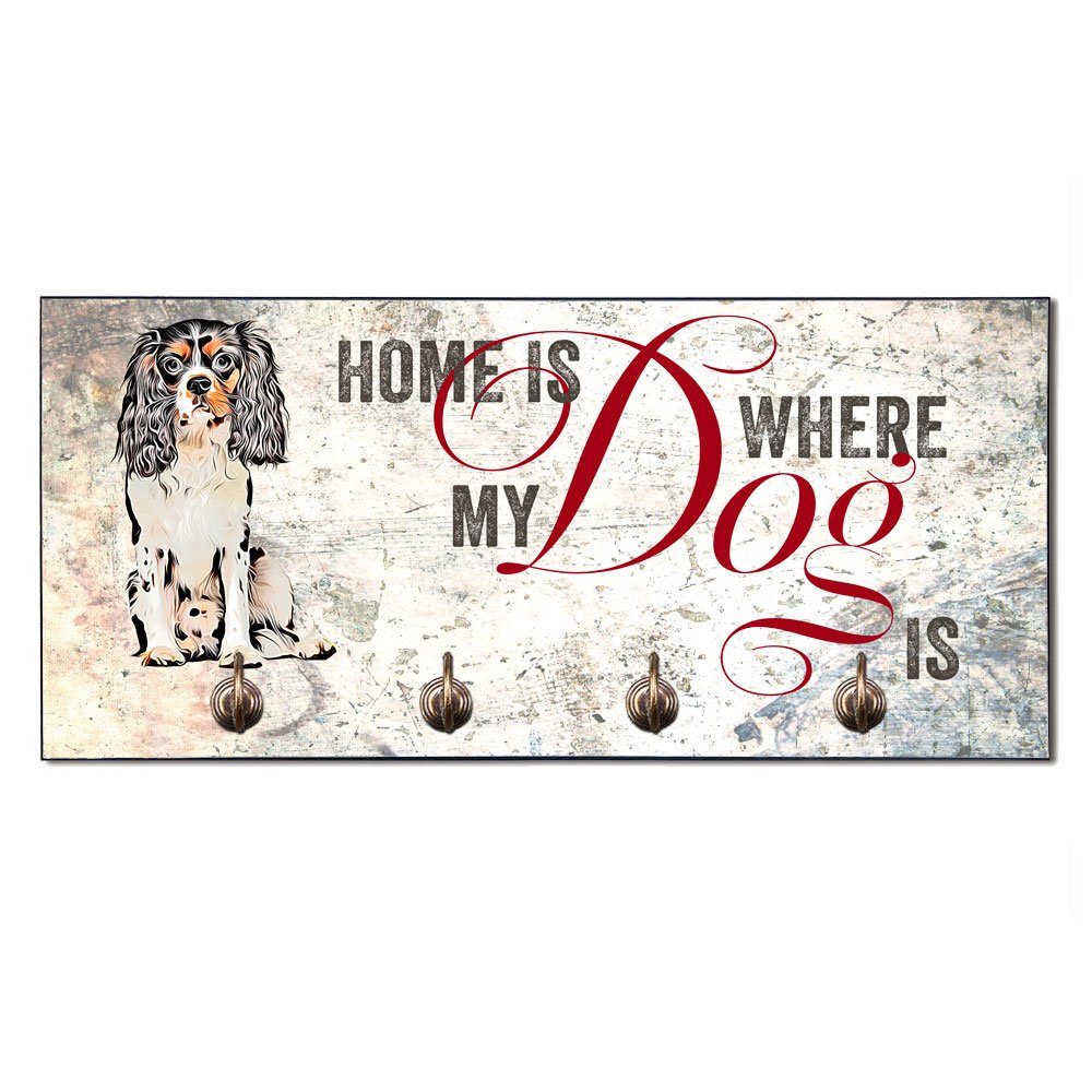 Cadouri Wandgarderobe KING CHARLES SPANIEL Hundegarderobe - Wandboard für Hundezubehör (Garderobe mit 4 Haken), MDF, mit abgeschrägten Ecken, handgefertigt, für Hundebesitzer