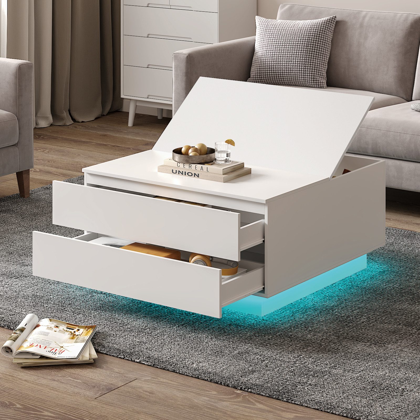 radelldar Couchtisch mit 2 Schubladen und aufklappbarer Tischplatte, 78x78x40cm (1-St), Wohnzimmertisch Beistelltisch mit LED-Beleuchtung