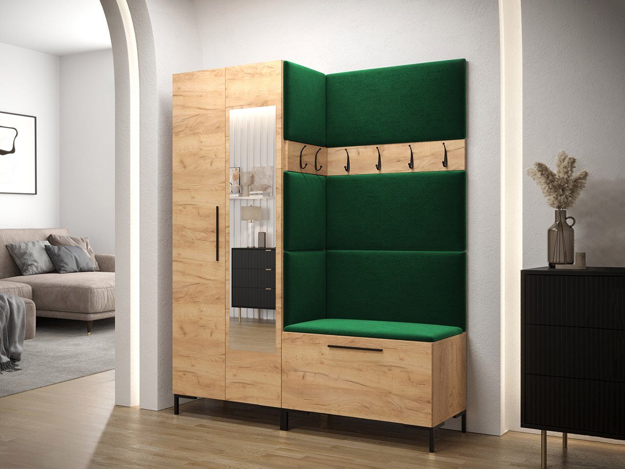MIRJAN24 Garderoben-Set Zilion IX, (Komplett-Set, Schrank mit Spiegel, 2x Kleiderhaken, Paneel 3x 42x42, 4x 84x42), Auswahl aus Fronten und Polsterplatten