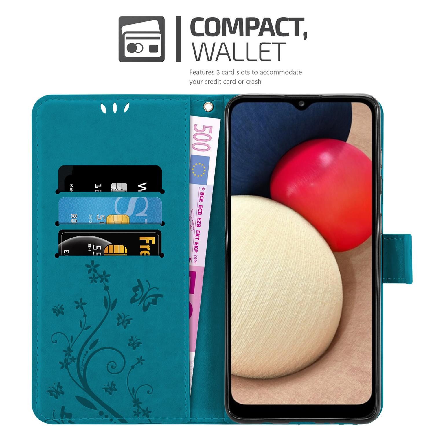 Cadorabo Handyhülle für Samsung Galaxy A02s Hülle Samsung Galaxy A02s, Hülle Schutzhülle Blumen Flower mit Standfunktion Kartenfach Magnet