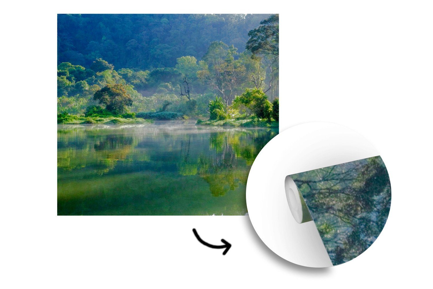 MuchoWow Fototapete eines Vinyl bedruckt, (5 See Spiegelung in, Tapete einem Regenwaldes tropischen oder St), für Matt, Erstaunliche Schlafzimmer, Wandtapete Wohnzimmer in