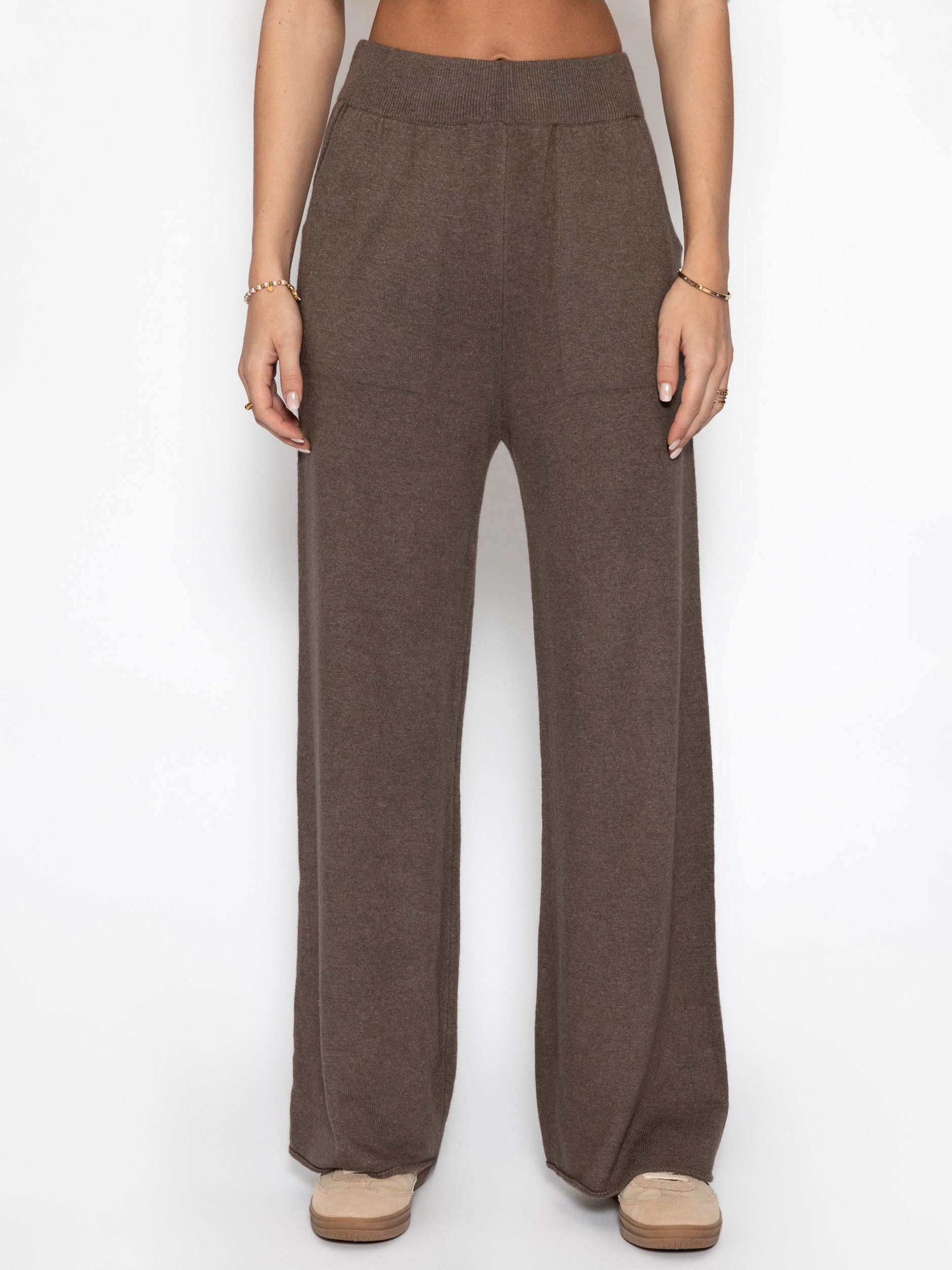 SASSYCLASSY Stoffhose Strickhose mit Kaschmiranteil für Damen Weiche Hose mit elastischem Bund und seitlichen Taschen Grau Taupe