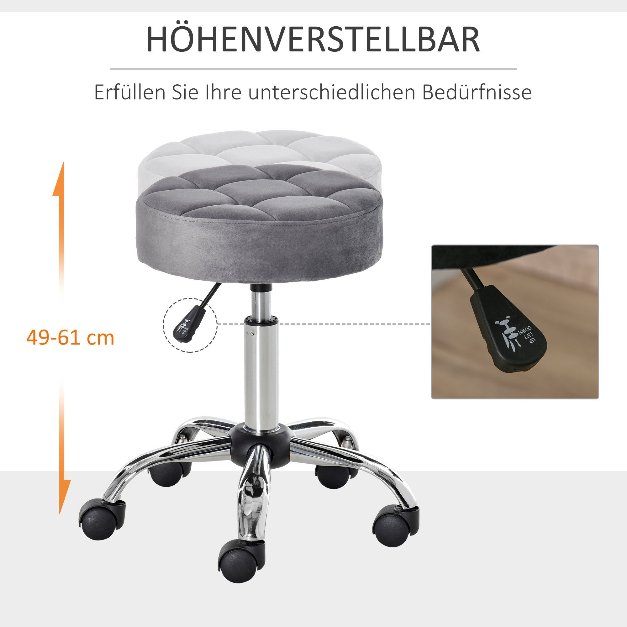 HOMCOM Rollsitz höhenverstellbarer Salonstuhl mit Rädern (Drehhocker, 1 St., Rollhocker), Hellgrau Ø35 x 49-61 cm